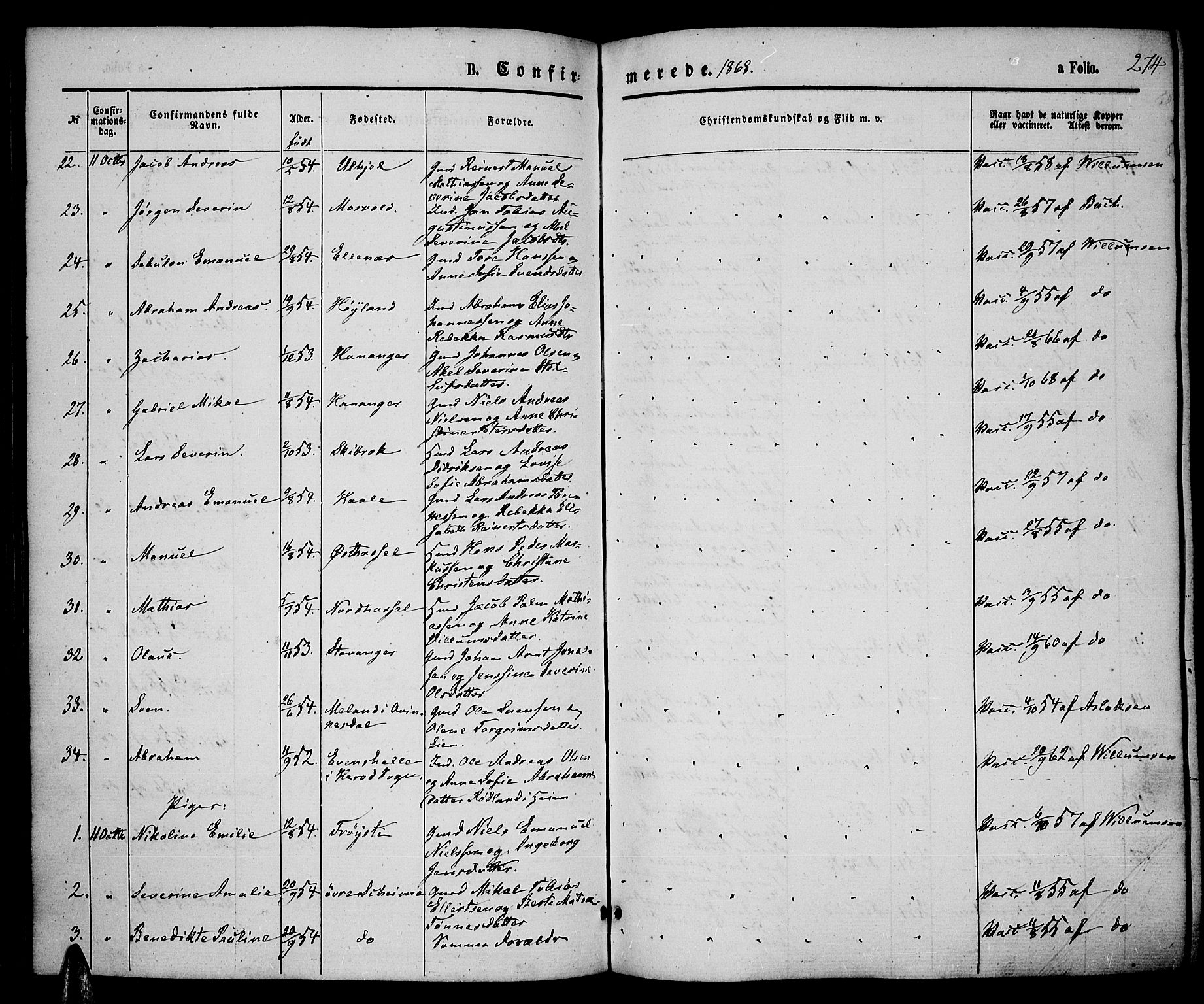 Lista sokneprestkontor, AV/SAK-1111-0027/F/Fb/L0003: Parish register (copy) no. B 3, 1862-1877, p. 274