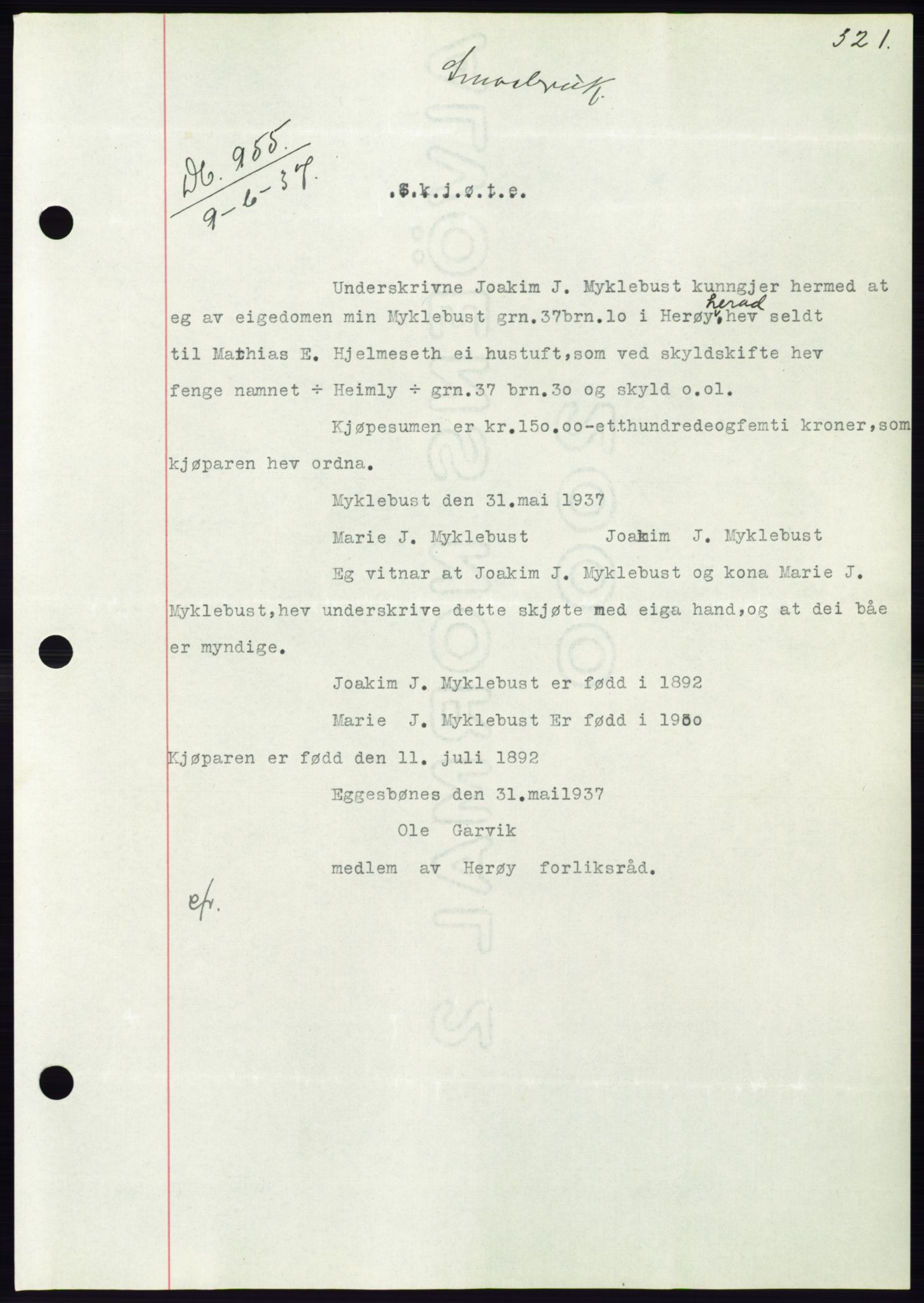 Søre Sunnmøre sorenskriveri, AV/SAT-A-4122/1/2/2C/L0063: Mortgage book no. 57, 1937-1937, Diary no: : 955/1937