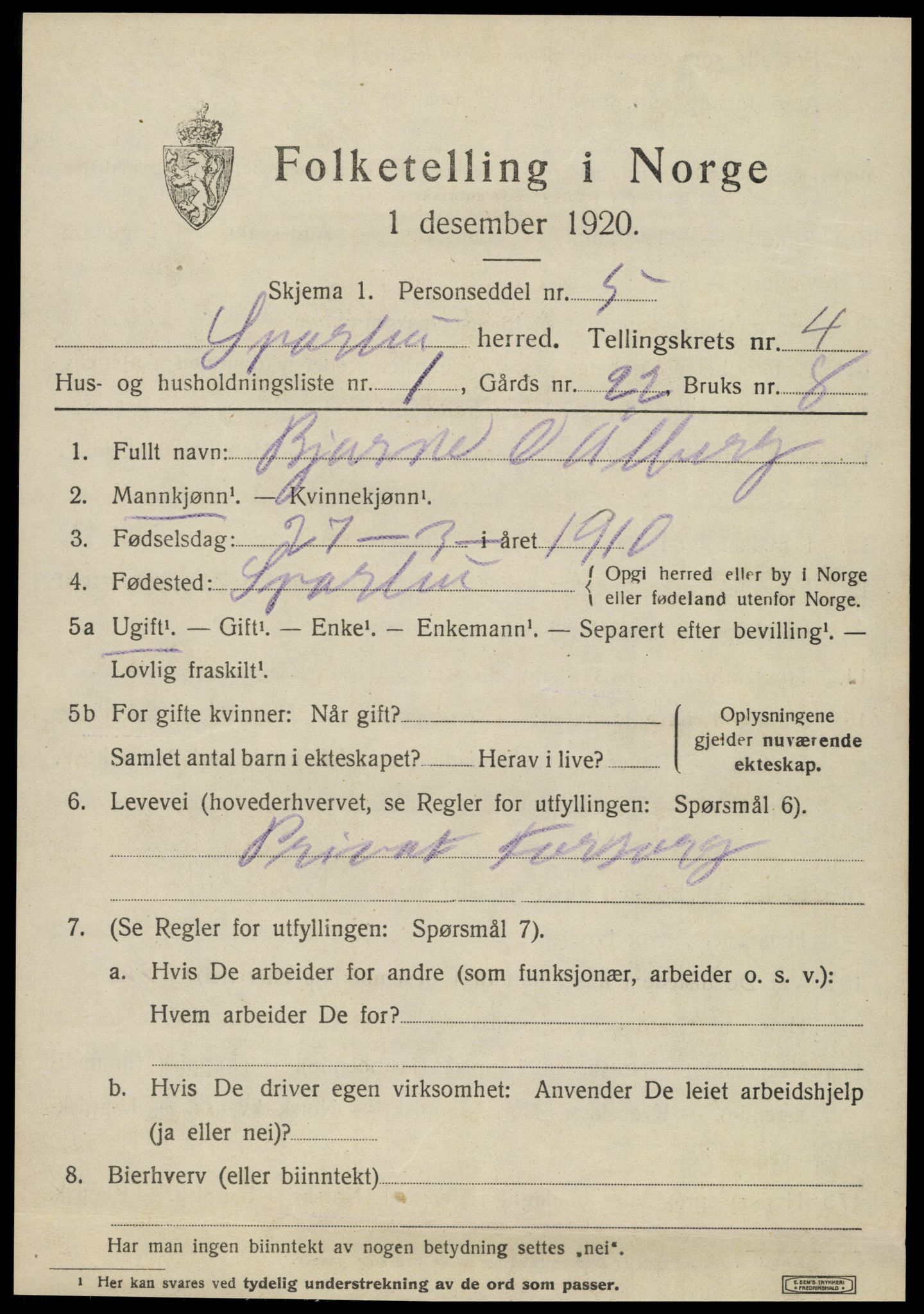 SAT, 1920 census for Sparbu, 1920, p. 5179