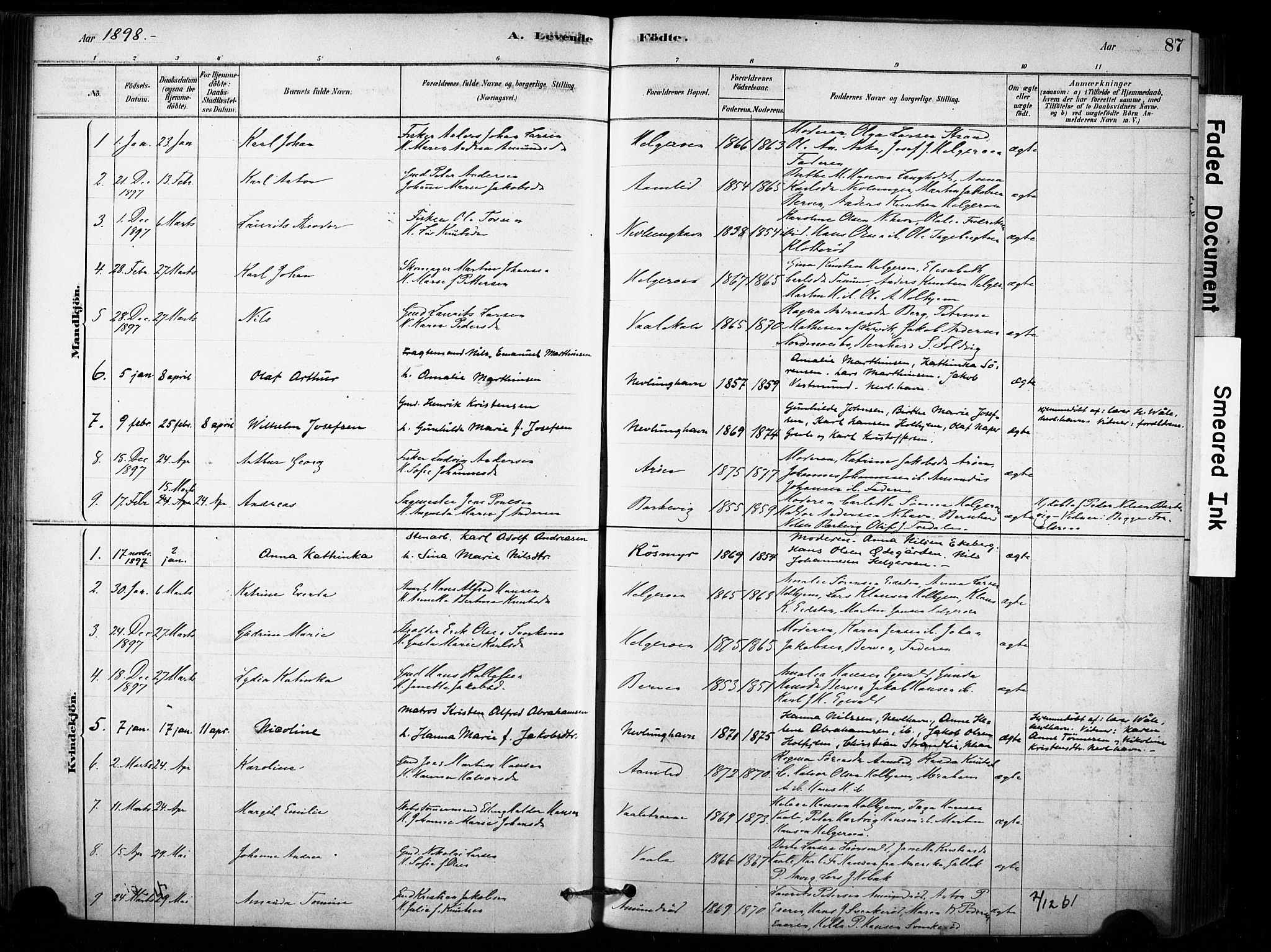 Brunlanes kirkebøker, SAKO/A-342/F/Fb/L0001: Parish register (official) no. II 1, 1878-1899, p. 87