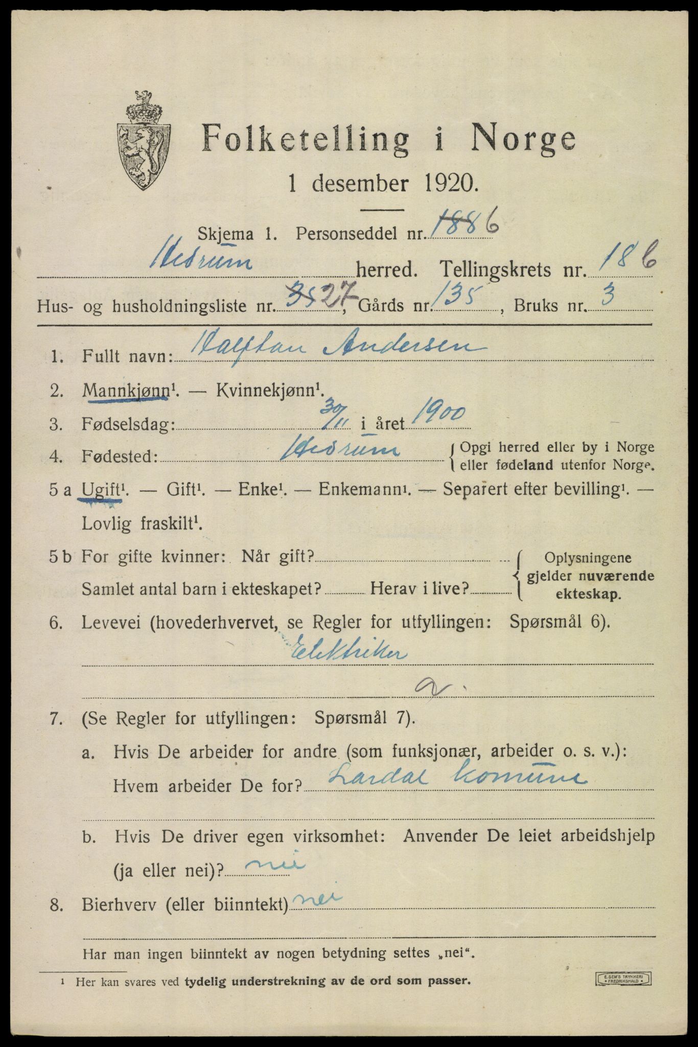 SAKO, 1920 census for Hedrum, 1920, p. 11311