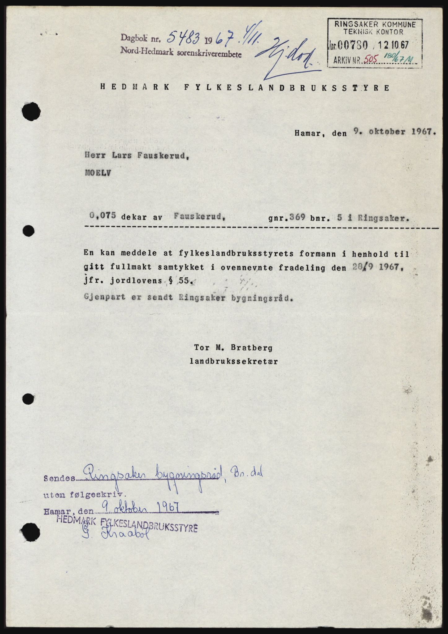 Nord-Hedmark sorenskriveri, SAH/TING-012/H/Hc/L0027: Mortgage book no. 27, 1967-1968, Diary no: : 5483/1967