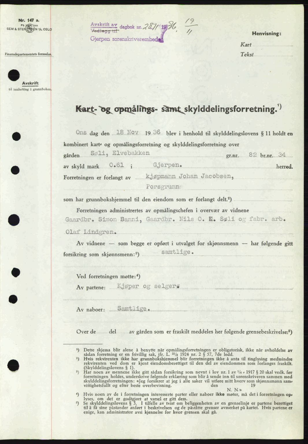 Gjerpen sorenskriveri, SAKO/A-216/G/Ga/Gae/L0067: Mortgage book no. A-66 - A-68, 1936-1937, Diary no: : 2811/1936