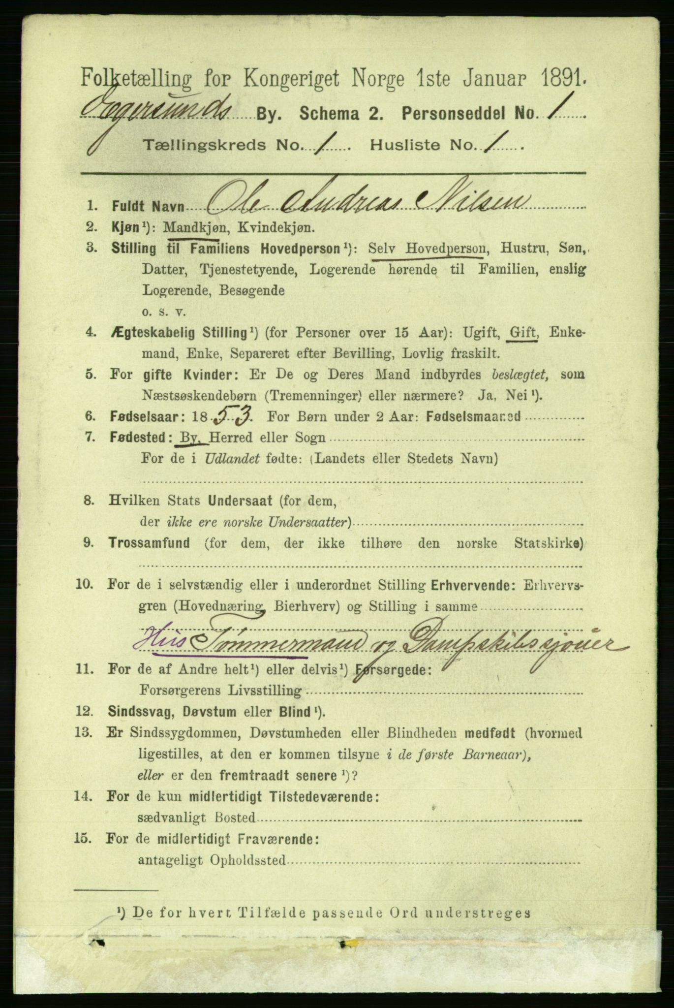 RA, 1891 census for 1101 Egersund, 1891, p. 27