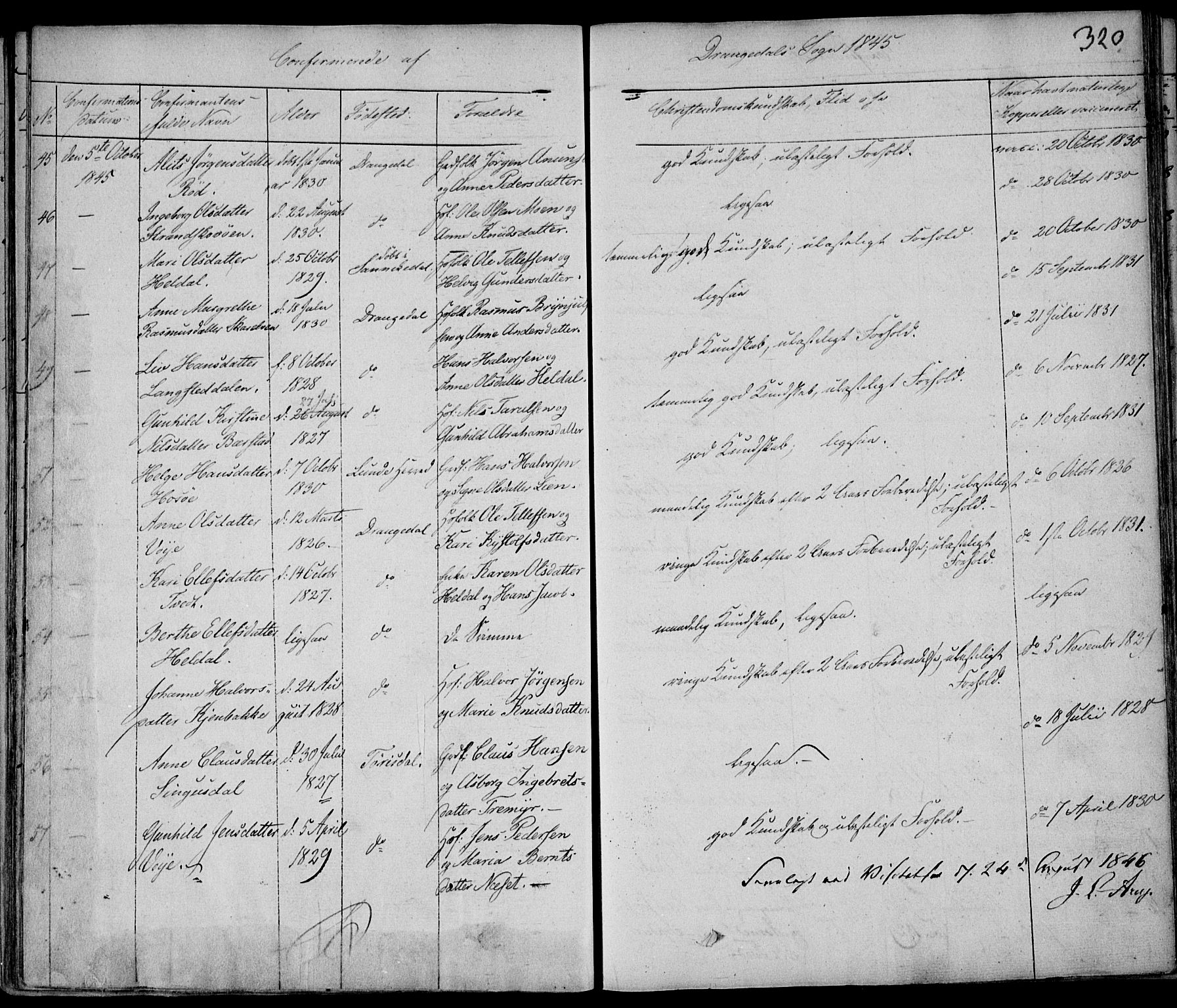 Drangedal kirkebøker, AV/SAKO-A-258/F/Fa/L0007a: Parish register (official) no. 7a, 1837-1856, p. 320