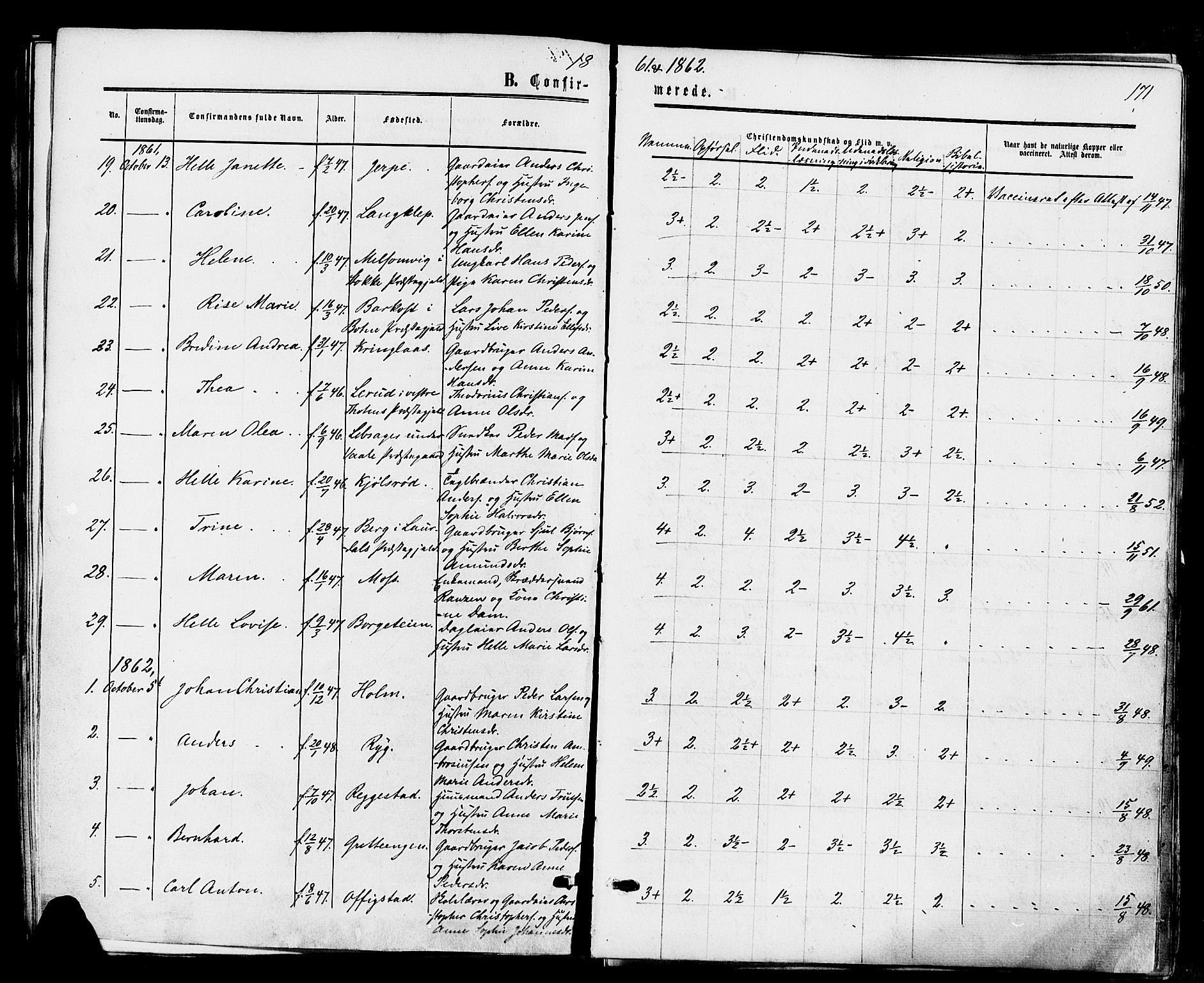 Våle kirkebøker, AV/SAKO-A-334/F/Fa/L0010: Parish register (official) no. I 10, 1861-1877, p. 171