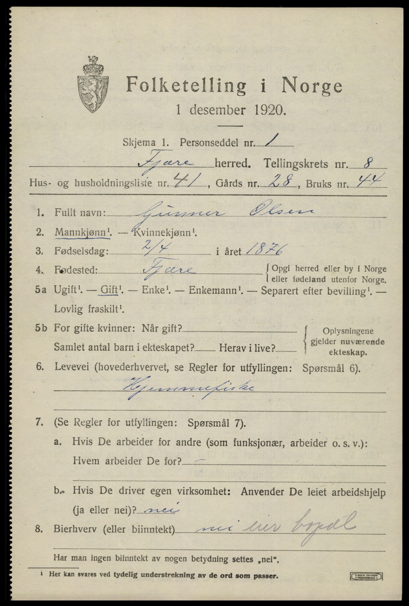 SAK, 1920 census for Fjære, 1920, p. 10787