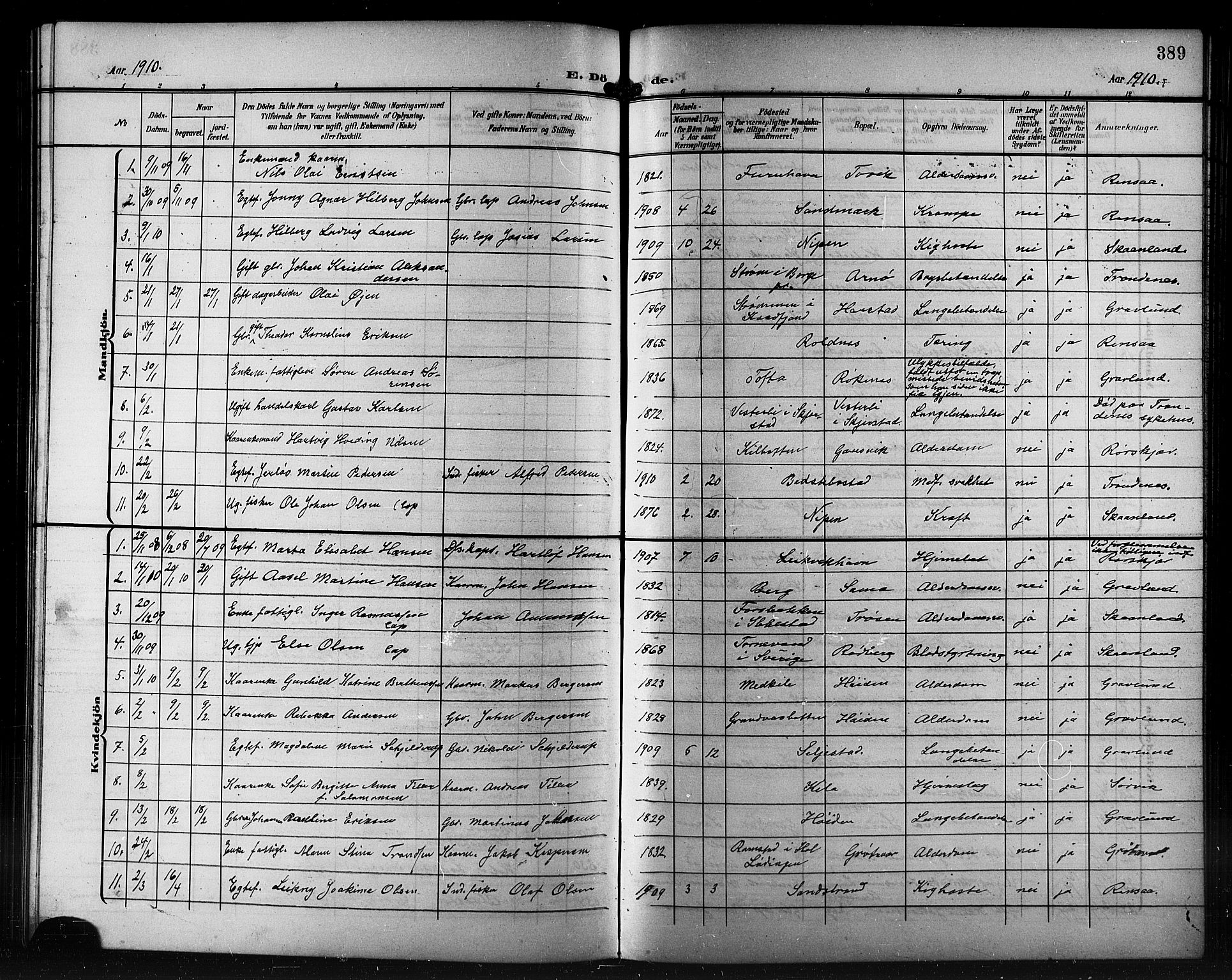 Trondenes sokneprestkontor, SATØ/S-1319/H/Hb/L0012klokker: Parish register (copy) no. 12, 1907-1916, p. 389