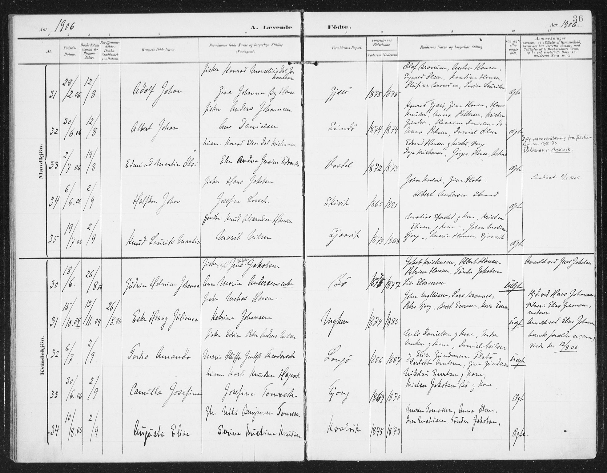 Ministerialprotokoller, klokkerbøker og fødselsregistre - Nordland, AV/SAT-A-1459/841/L0612: Parish register (official) no. 841A15, 1902-1910, p. 36