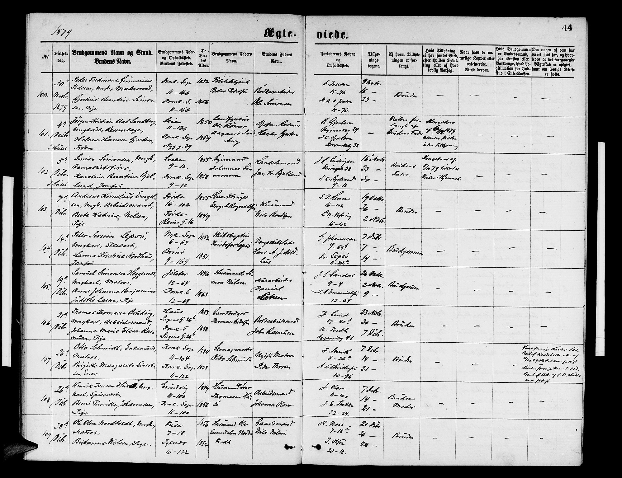 Domkirken sokneprestembete, AV/SAB-A-74801/H/Hab/L0031: Parish register (copy) no. D 3, 1877-1880, p. 44