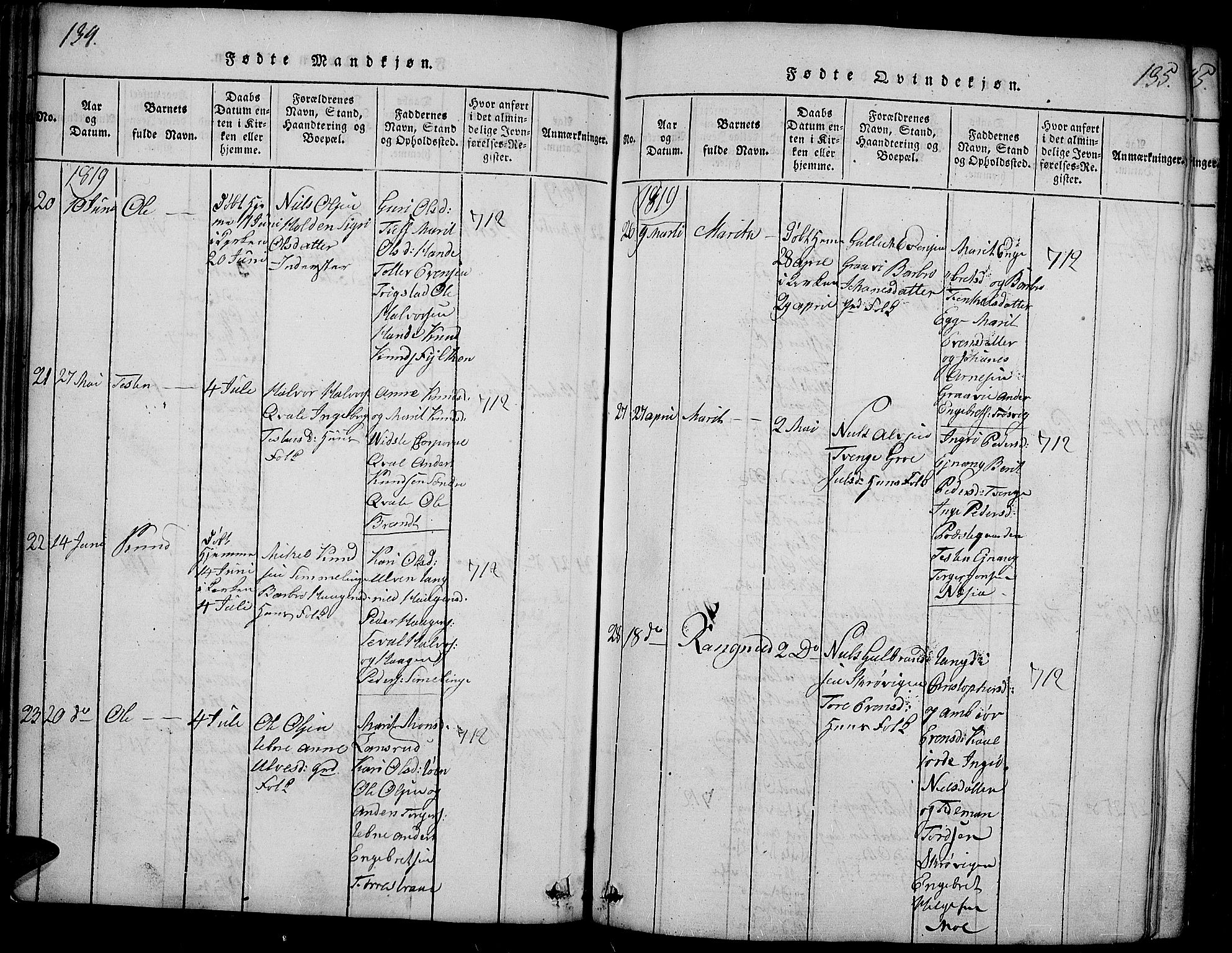 Slidre prestekontor, SAH/PREST-134/H/Ha/Haa/L0002: Parish register (official) no. 2, 1814-1830, p. 134-135