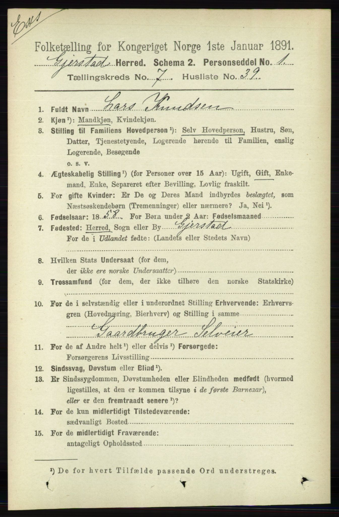 RA, Census 1891 for Nedenes amt: Gjenparter av personsedler for beslektede ektefeller, menn, 1891, p. 100