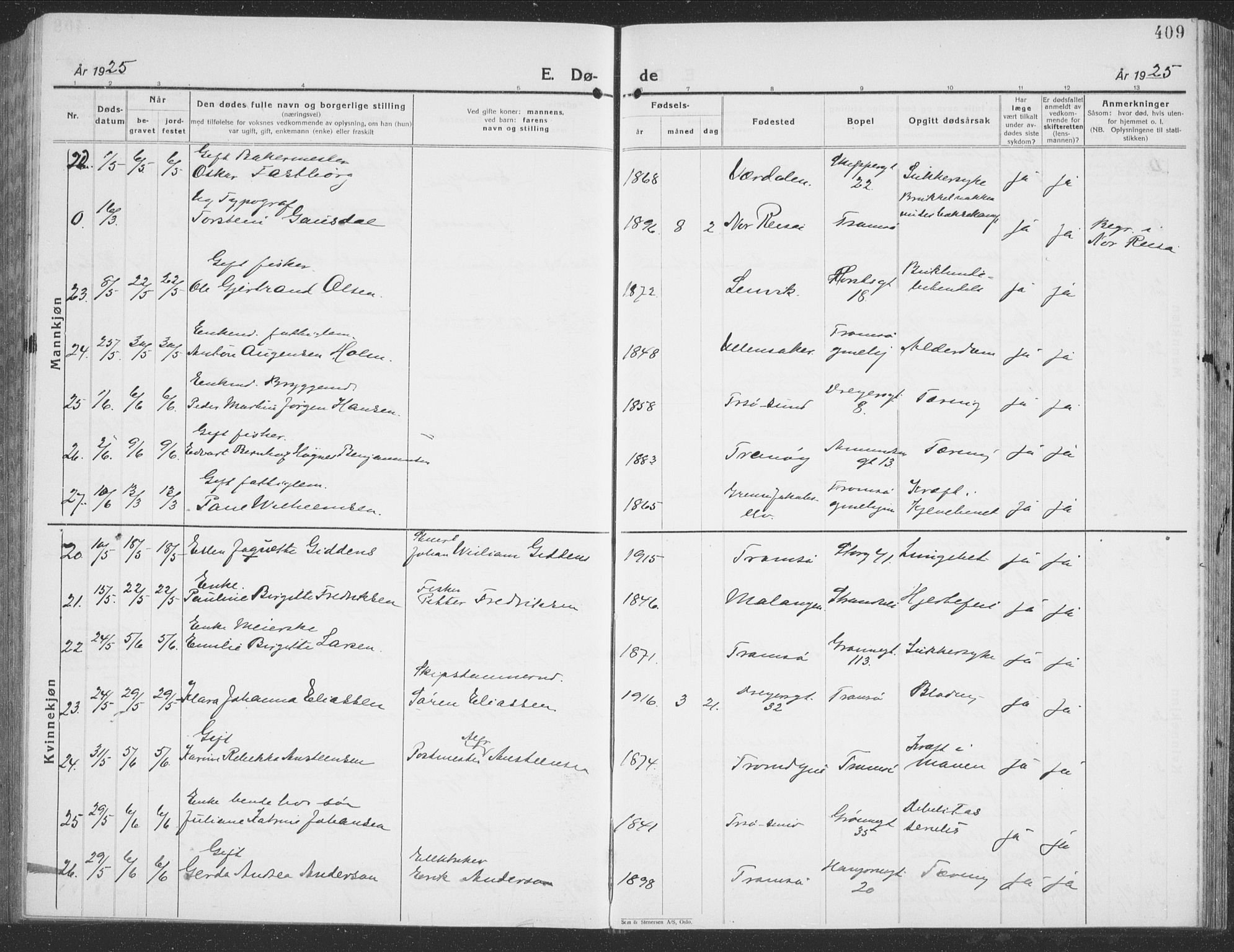 Tromsø sokneprestkontor/stiftsprosti/domprosti, SATØ/S-1343/G/Gb/L0010klokker: Parish register (copy) no. 10, 1925-1937, p. 409