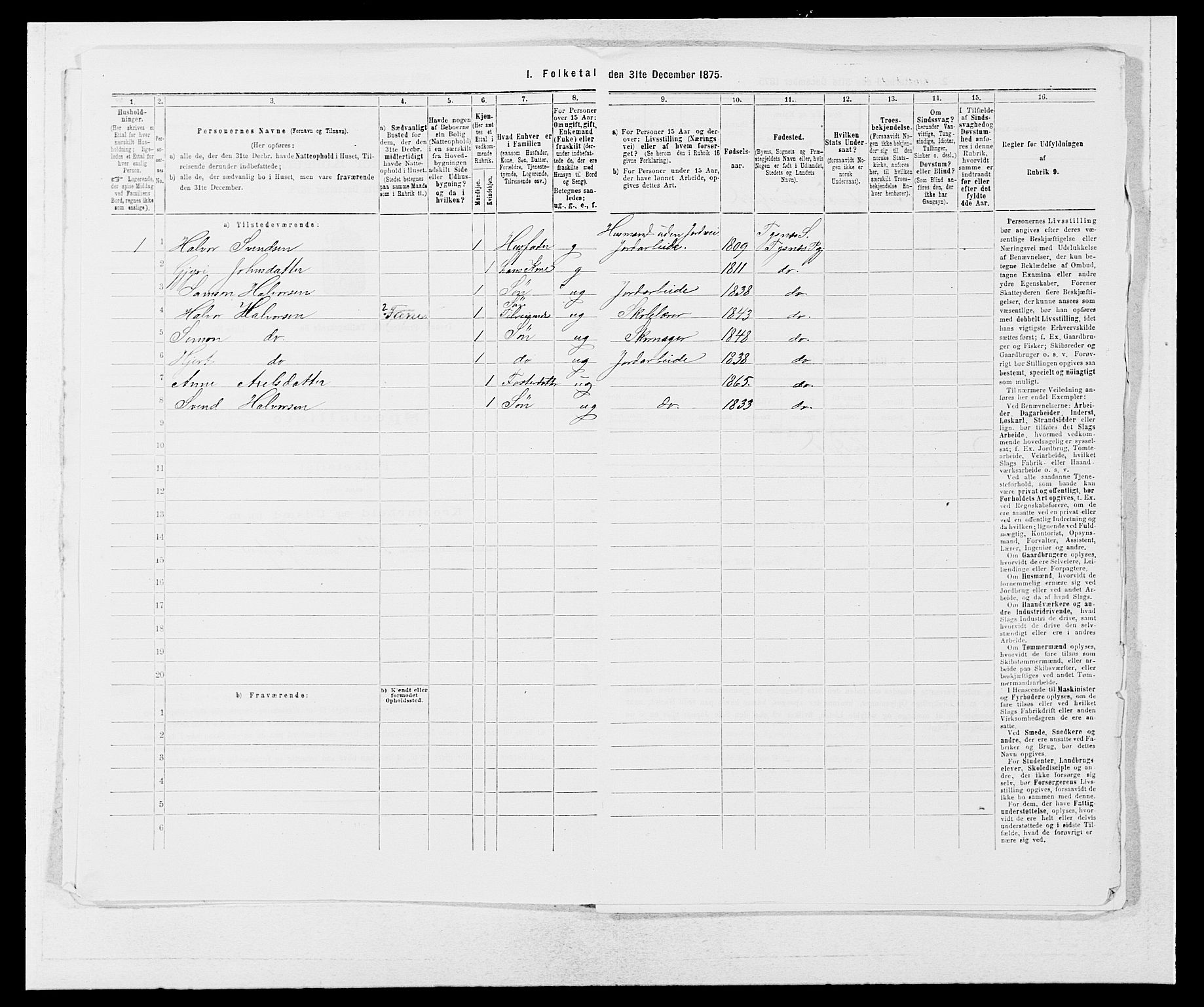 SAB, 1875 census for 1223P Tysnes, 1875, p. 1030