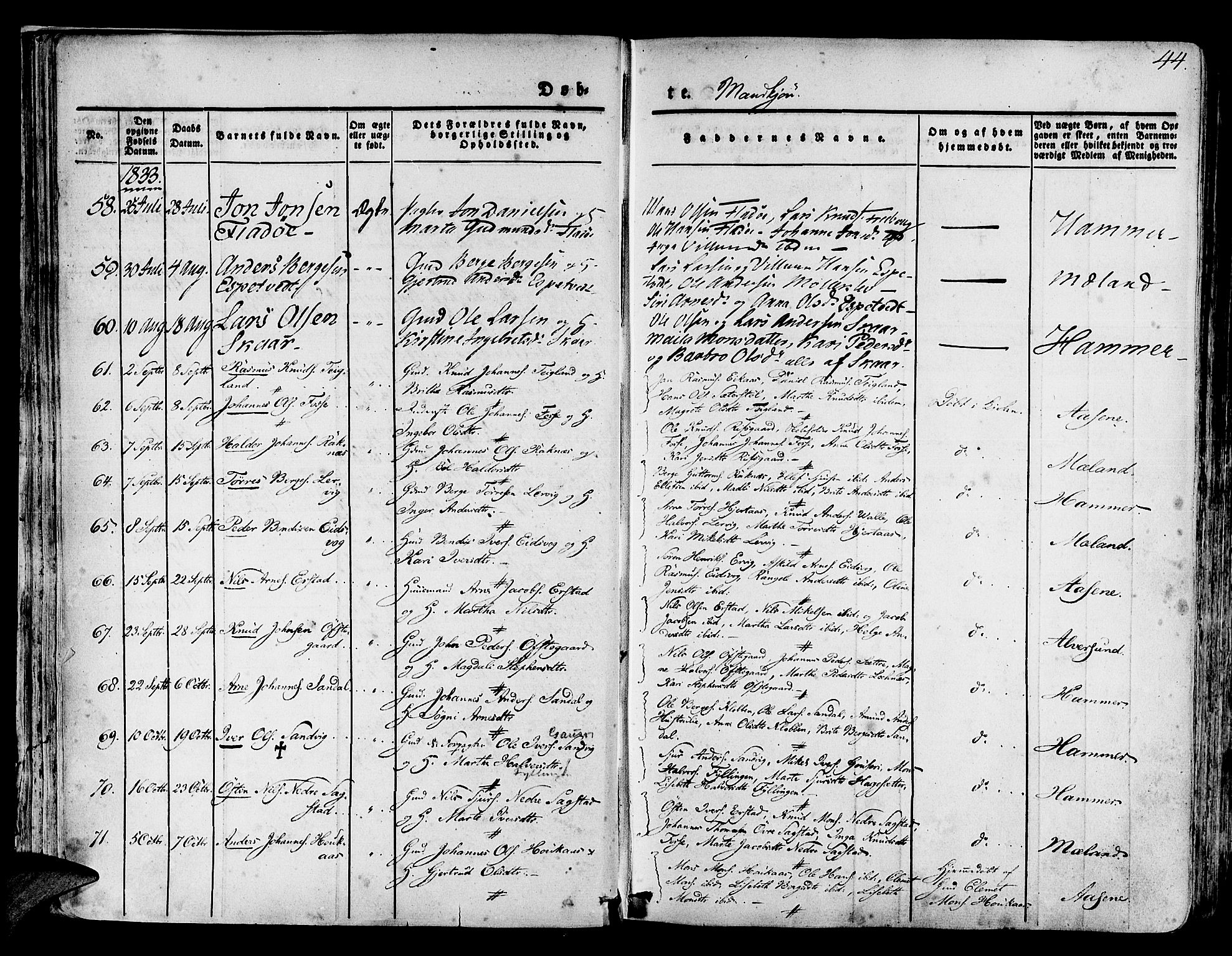 Hamre sokneprestembete, AV/SAB-A-75501/H/Ha/Haa/Haaa/L0011: Parish register (official) no. A 11, 1826-1834, p. 44