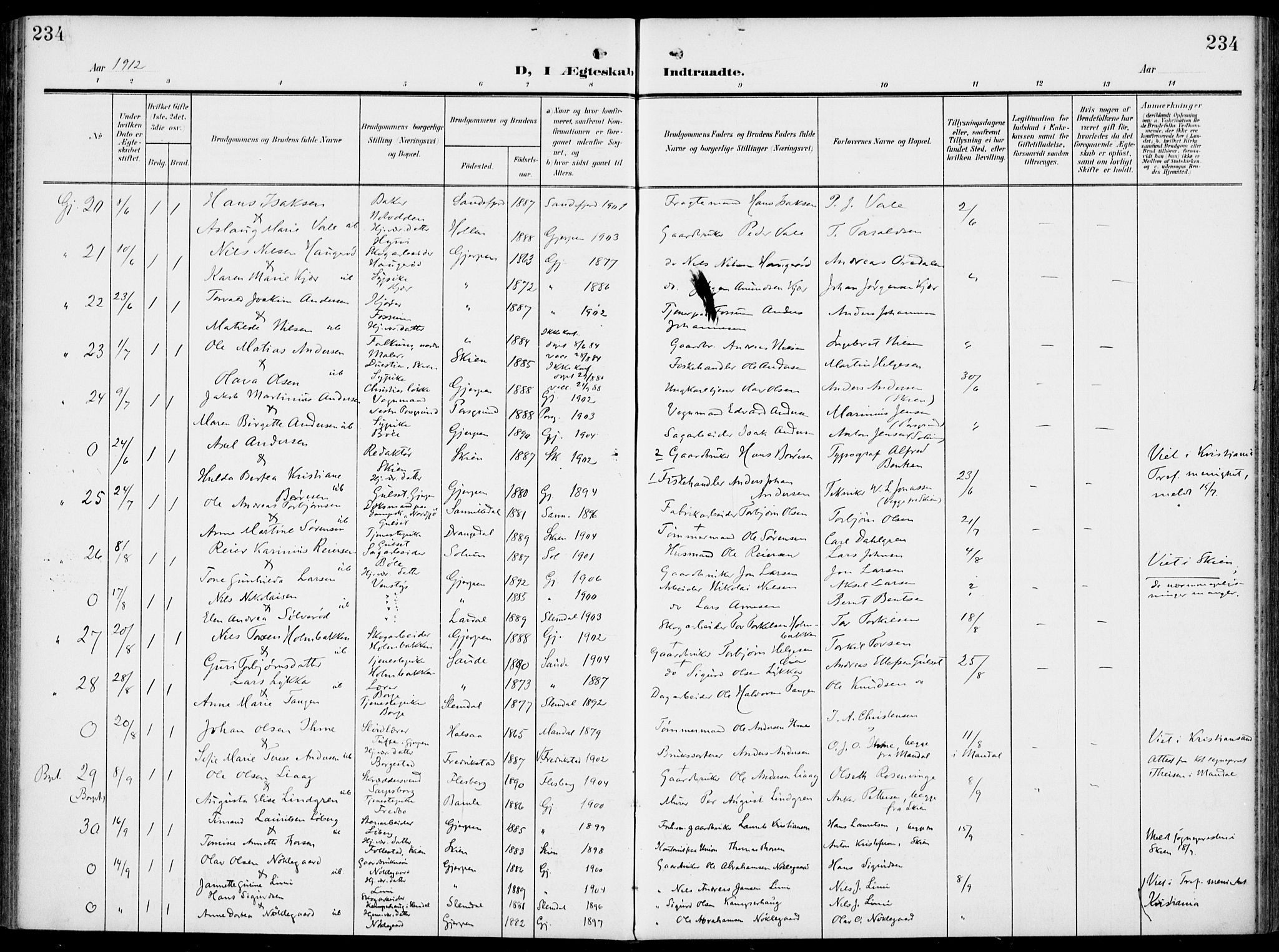 Gjerpen kirkebøker, AV/SAKO-A-265/F/Fa/L0012: Parish register (official) no. I 12, 1905-1913, p. 234