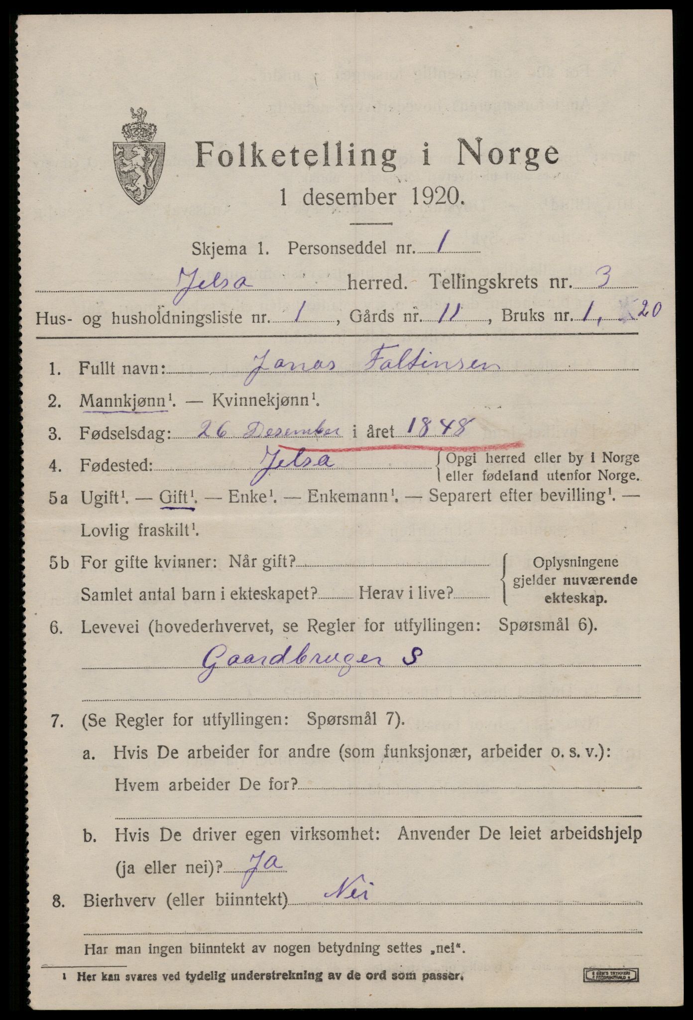 SAST, 1920 census for Jelsa, 1920, p. 952