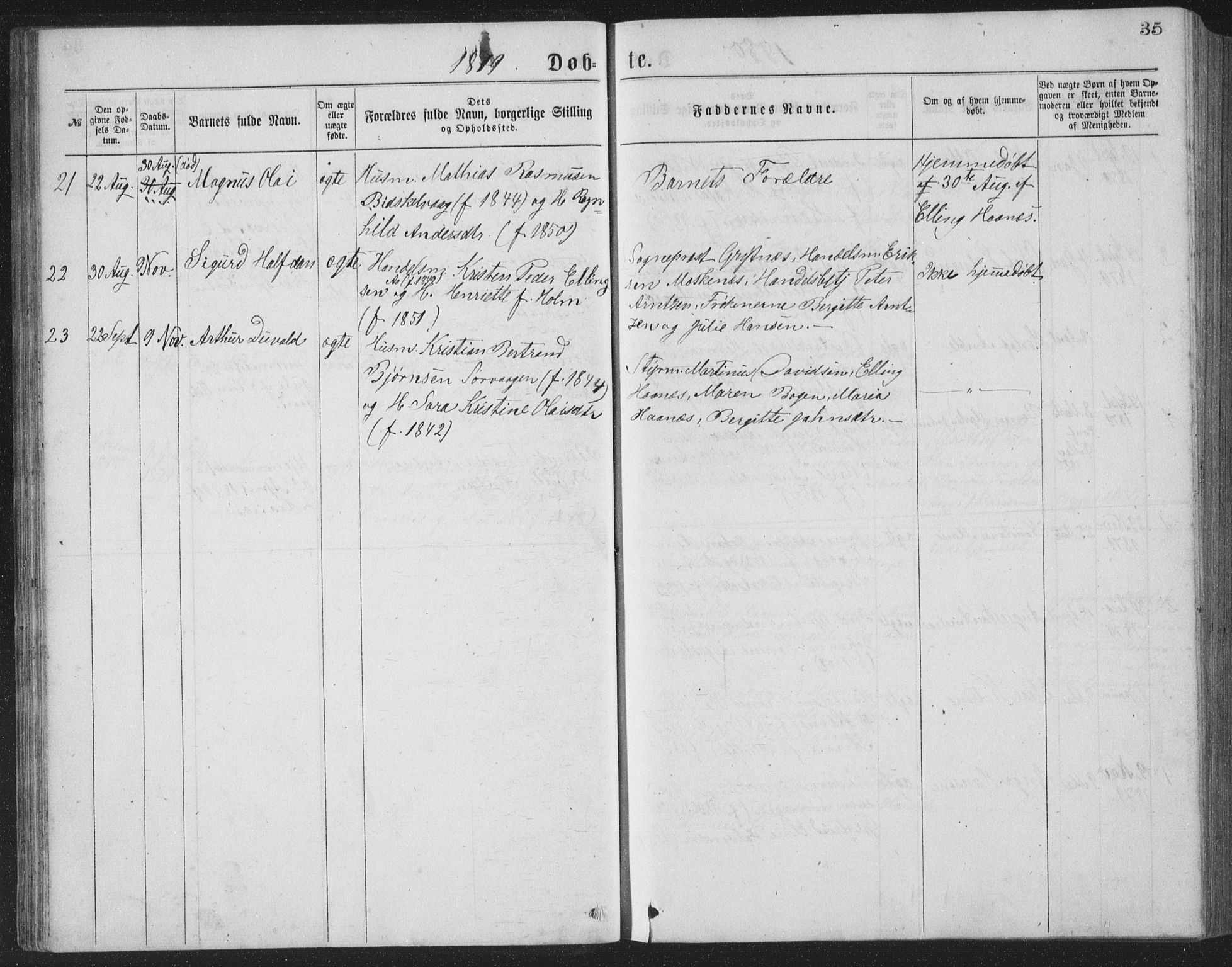 Ministerialprotokoller, klokkerbøker og fødselsregistre - Nordland, AV/SAT-A-1459/886/L1225: Parish register (copy) no. 886C02, 1874-1896, p. 35