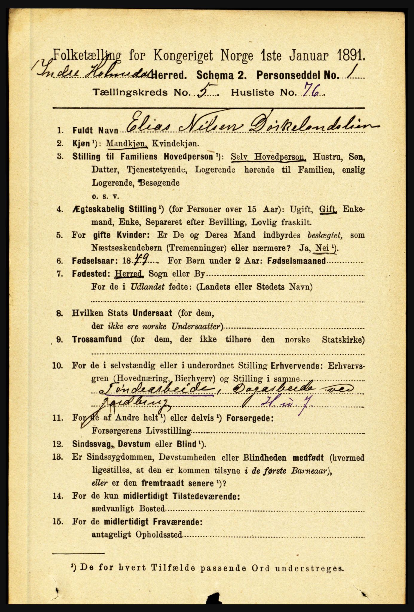 RA, 1891 census for 1430 Indre Holmedal, 1891, p. 2385