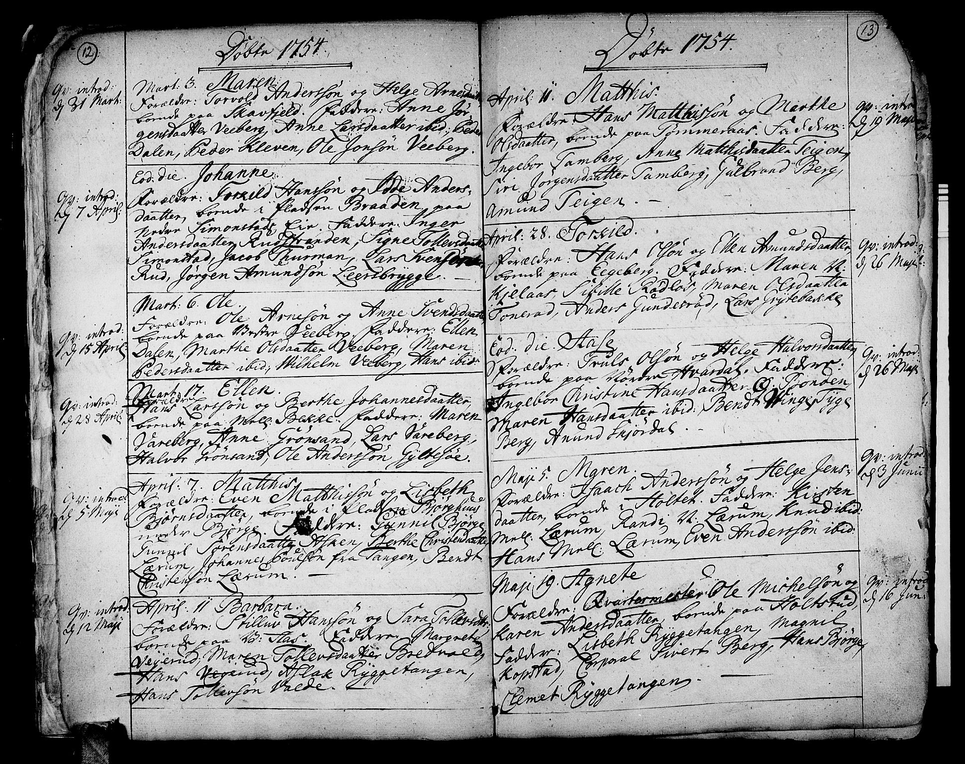 Sande Kirkebøker, SAKO/A-53/F/Fa/L0001: Parish register (official) no. 1, 1753-1803, p. 12-13