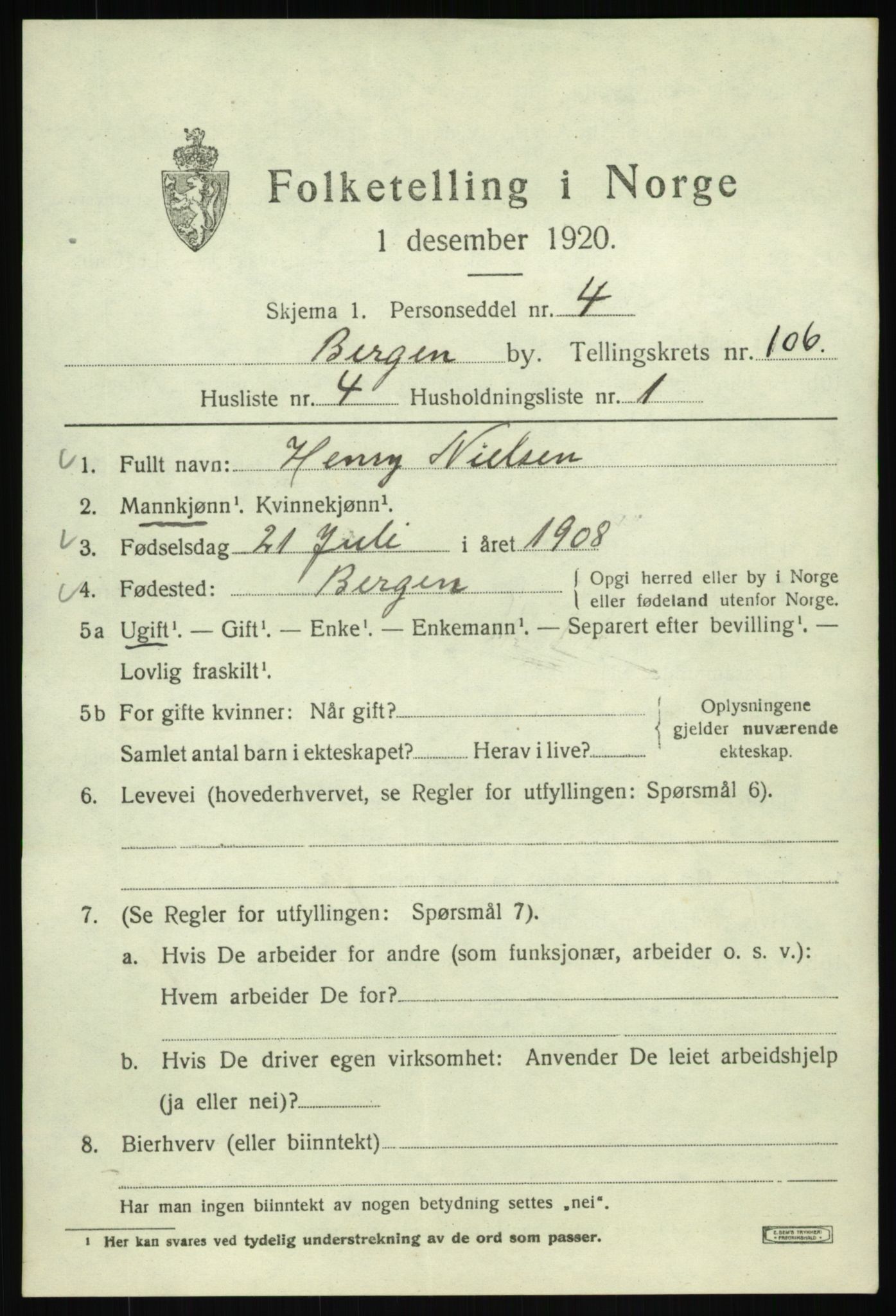 SAB, 1920 census for Bergen, 1920, p. 183722