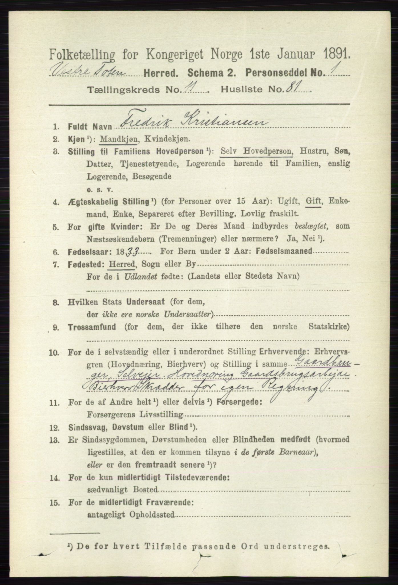 RA, 1891 census for 0529 Vestre Toten, 1891, p. 7192