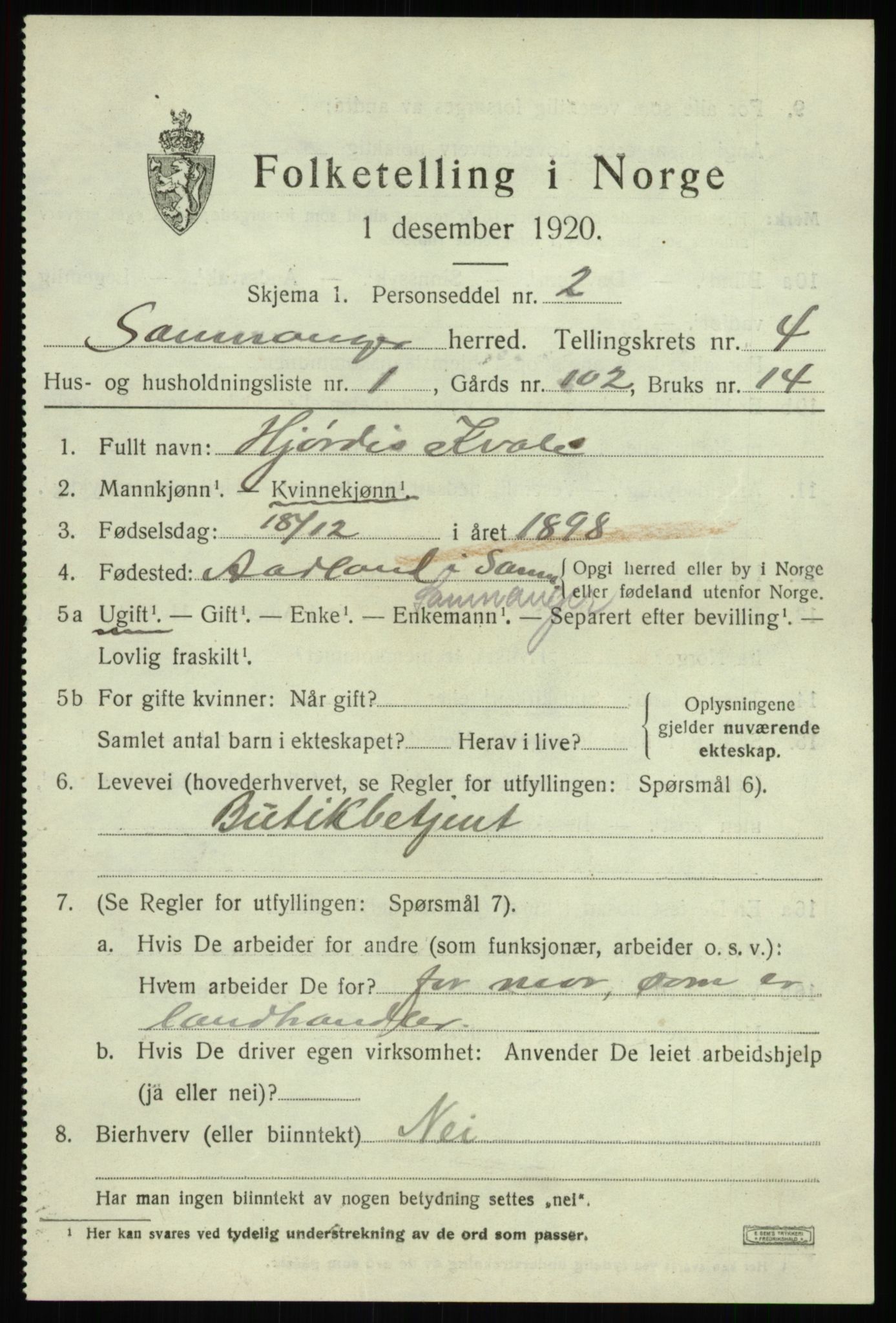 SAB, 1920 census for Samnanger, 1920, p. 1673