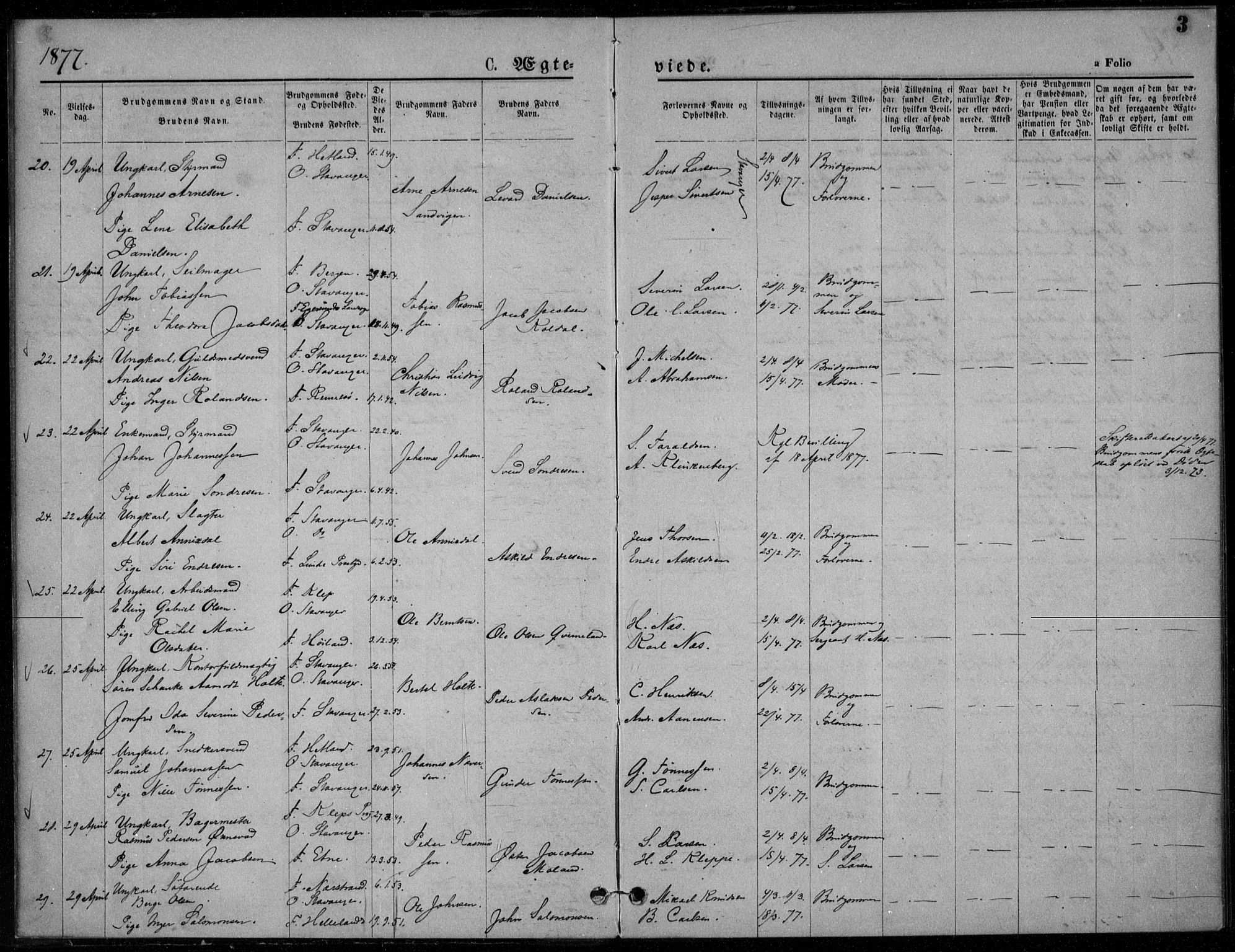 Domkirken sokneprestkontor, AV/SAST-A-101812/001/30/30BA/L0023: Parish register (official) no. A 22, 1877-1877, p. 3