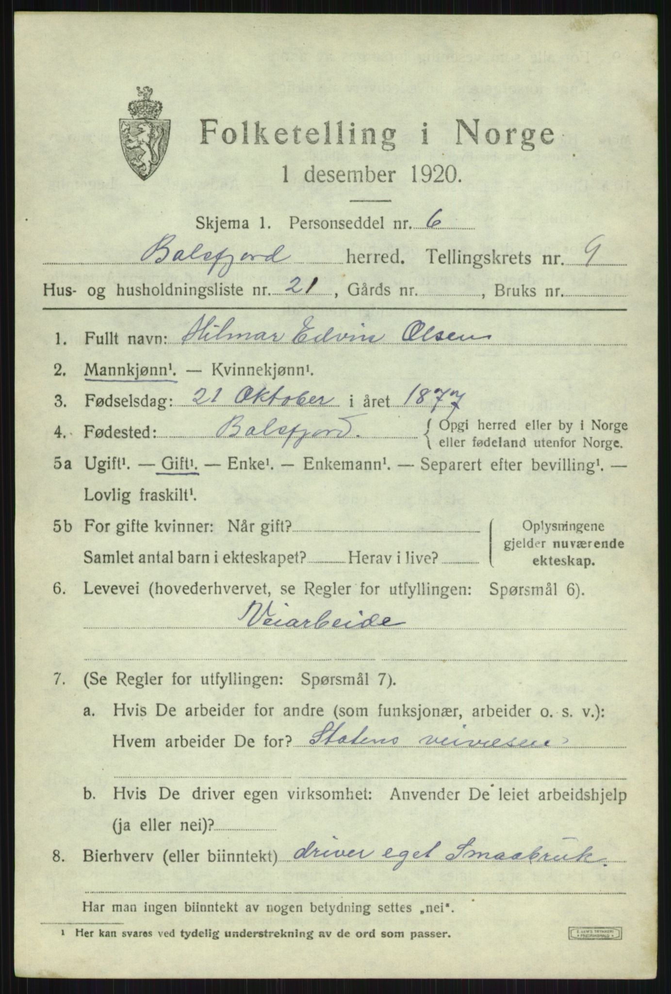 SATØ, 1920 census for Balsfjord, 1920, p. 5260