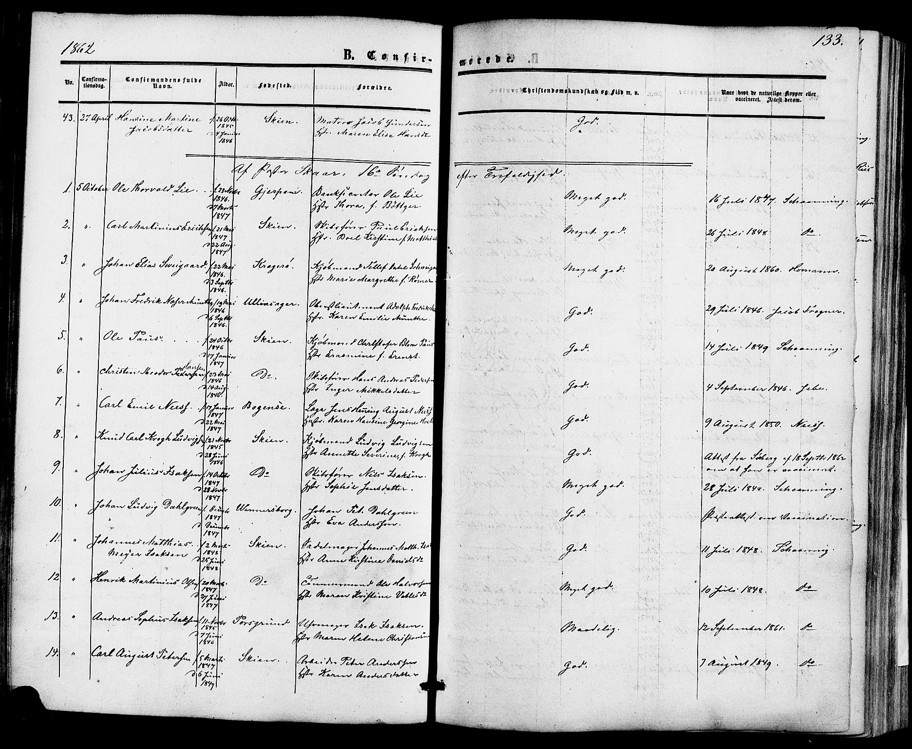 Skien kirkebøker, SAKO/A-302/F/Fa/L0007: Parish register (official) no. 7, 1856-1865, p. 133
