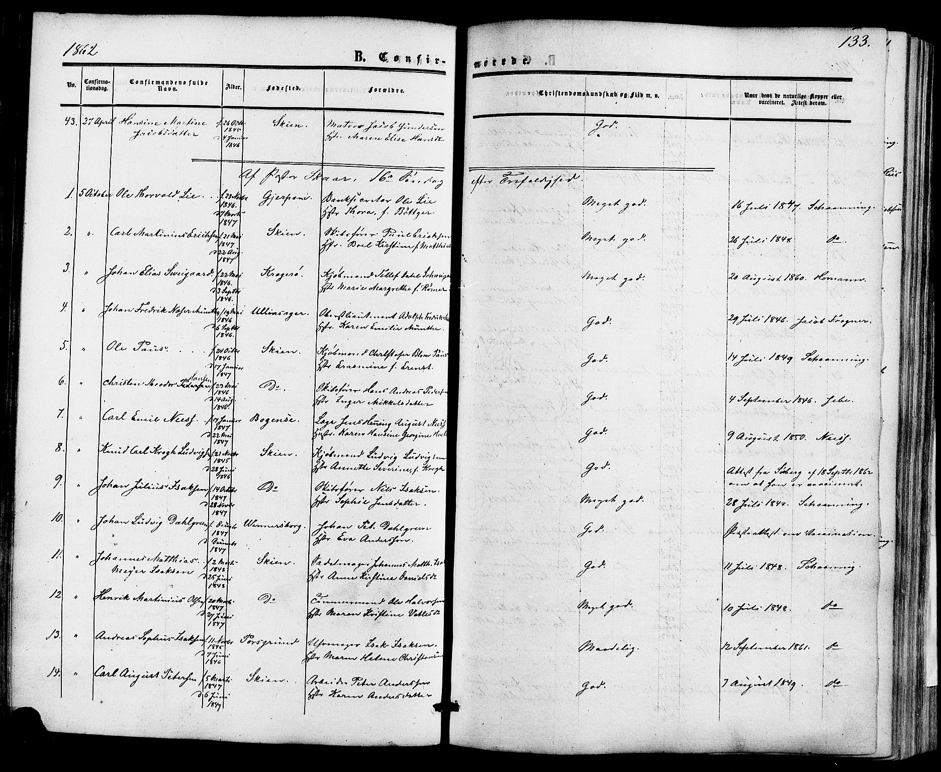 Skien kirkebøker, AV/SAKO-A-302/F/Fa/L0007: Parish register (official) no. 7, 1856-1865, p. 133