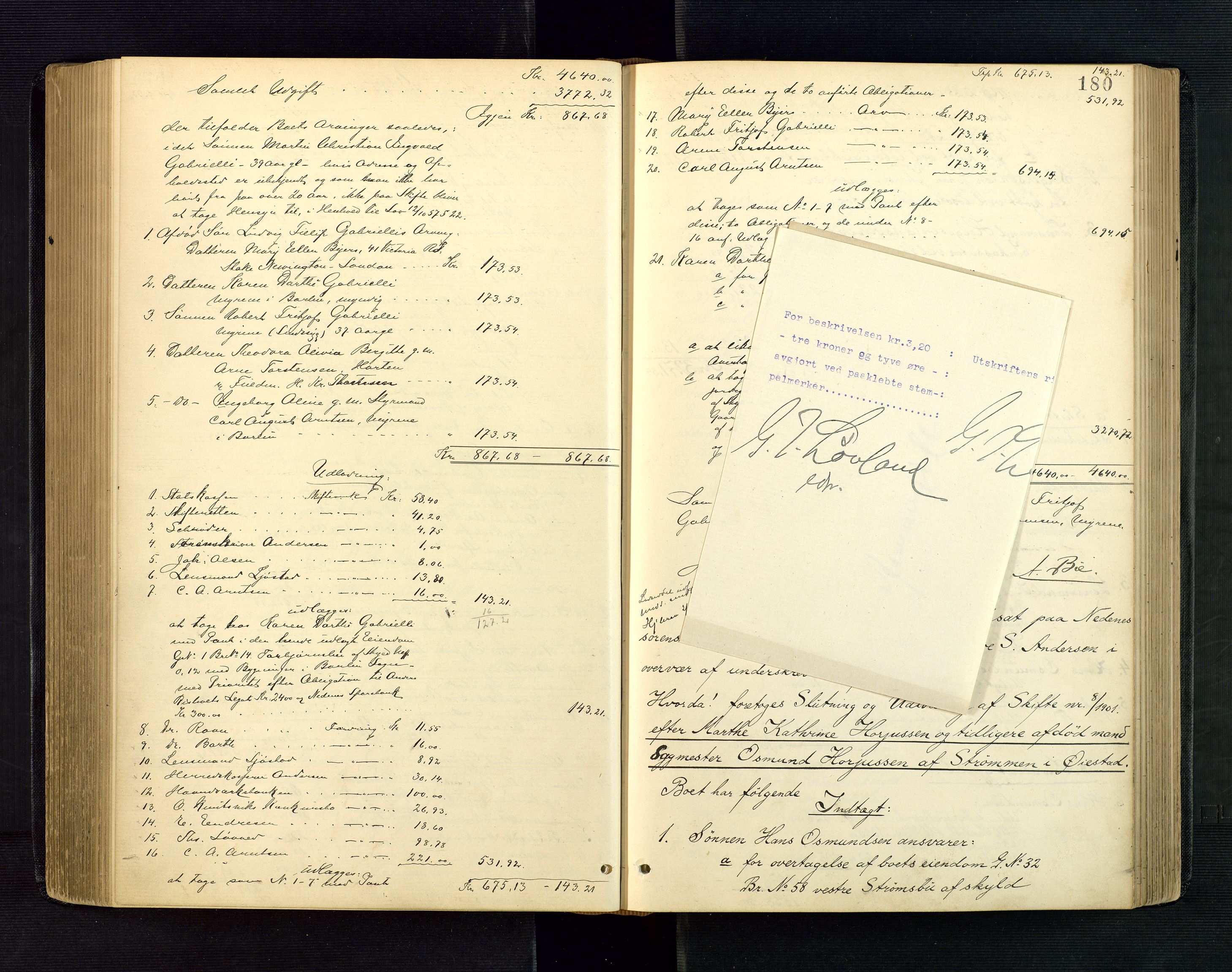 Nedenes sorenskriveri, SAK/1221-0006/H/Hc/L0019: Skifteutlodningsprotokoll nr 5 med register, 1897-1904, p. 180