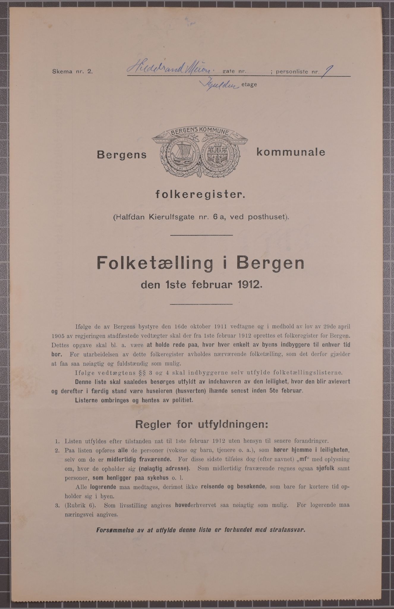 SAB, Municipal Census 1912 for Bergen, 1912, p. 3036