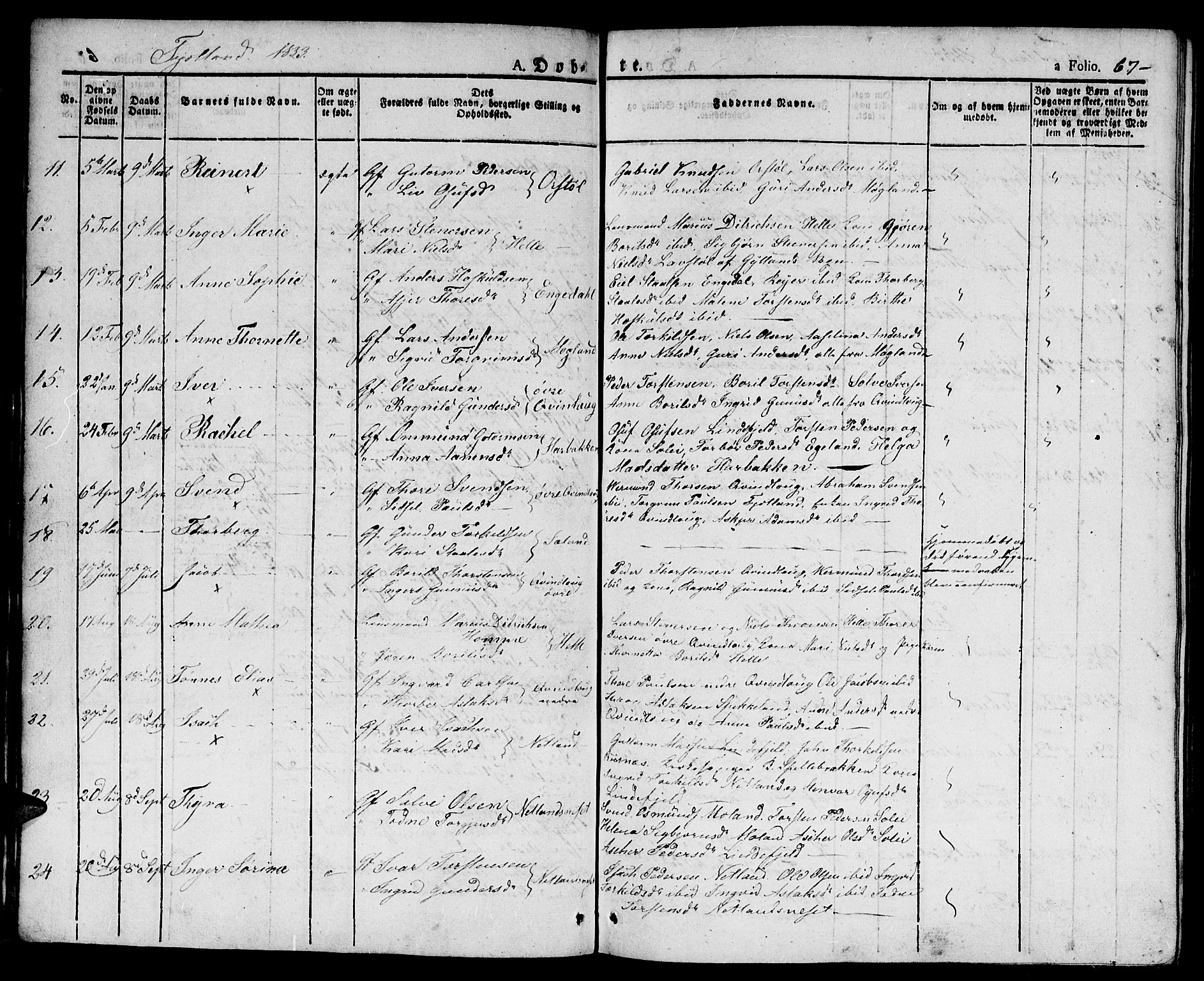 Hægebostad sokneprestkontor, AV/SAK-1111-0024/F/Fa/Faa/L0003: Parish register (official) no. A 3 /2, 1825-1840, p. 67