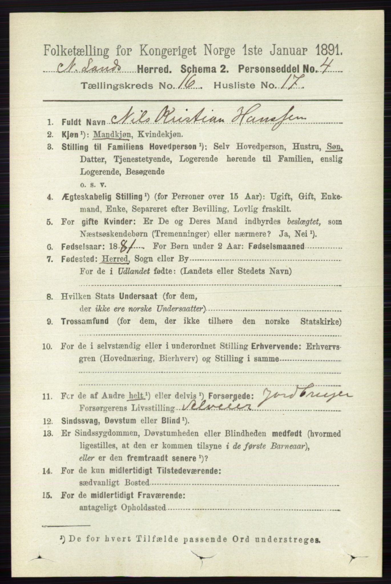 RA, 1891 census for 0538 Nordre Land, 1891, p. 4230