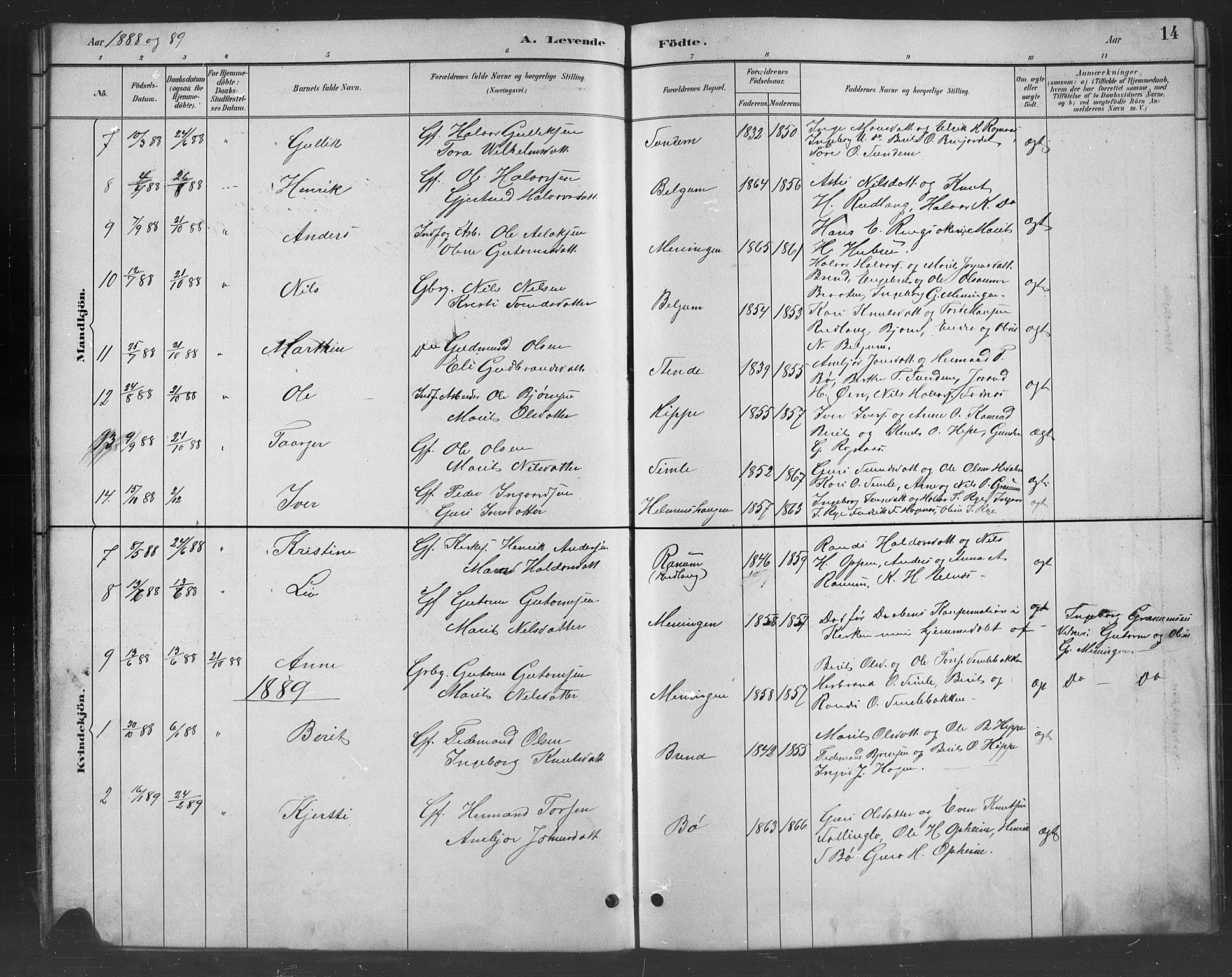 Nord-Aurdal prestekontor, SAH/PREST-132/H/Ha/Hab/L0008: Parish register (copy) no. 8, 1883-1916, p. 14