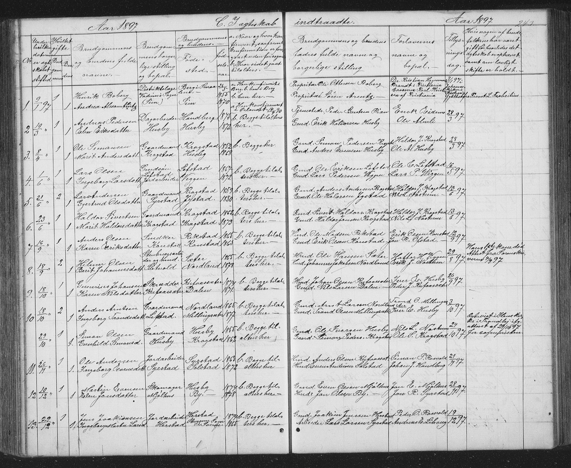 Ministerialprotokoller, klokkerbøker og fødselsregistre - Sør-Trøndelag, SAT/A-1456/667/L0798: Parish register (copy) no. 667C03, 1867-1929, p. 243