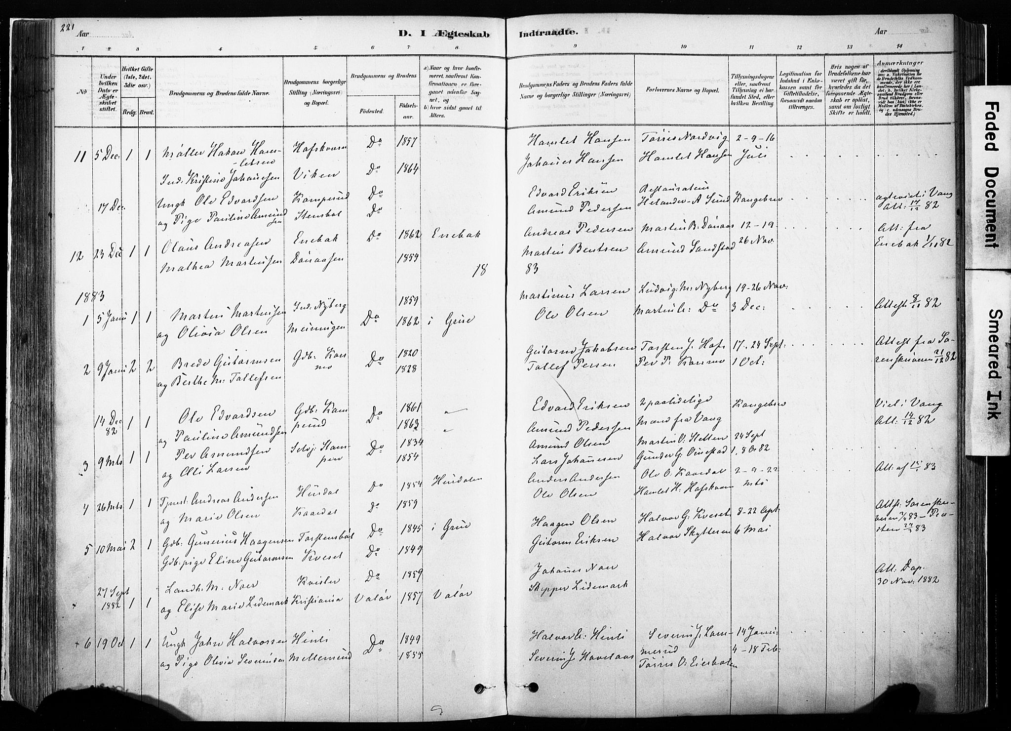 Hof prestekontor, SAH/PREST-038/H/Ha/Haa/L0010: Parish register (official) no. 10, 1878-1909, p. 221