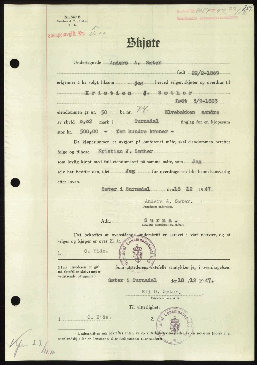 Nordmøre sorenskriveri, AV/SAT-A-4132/1/2/2Ca: Mortgage book no. A107, 1947-1948, Diary no: : 3087/1947