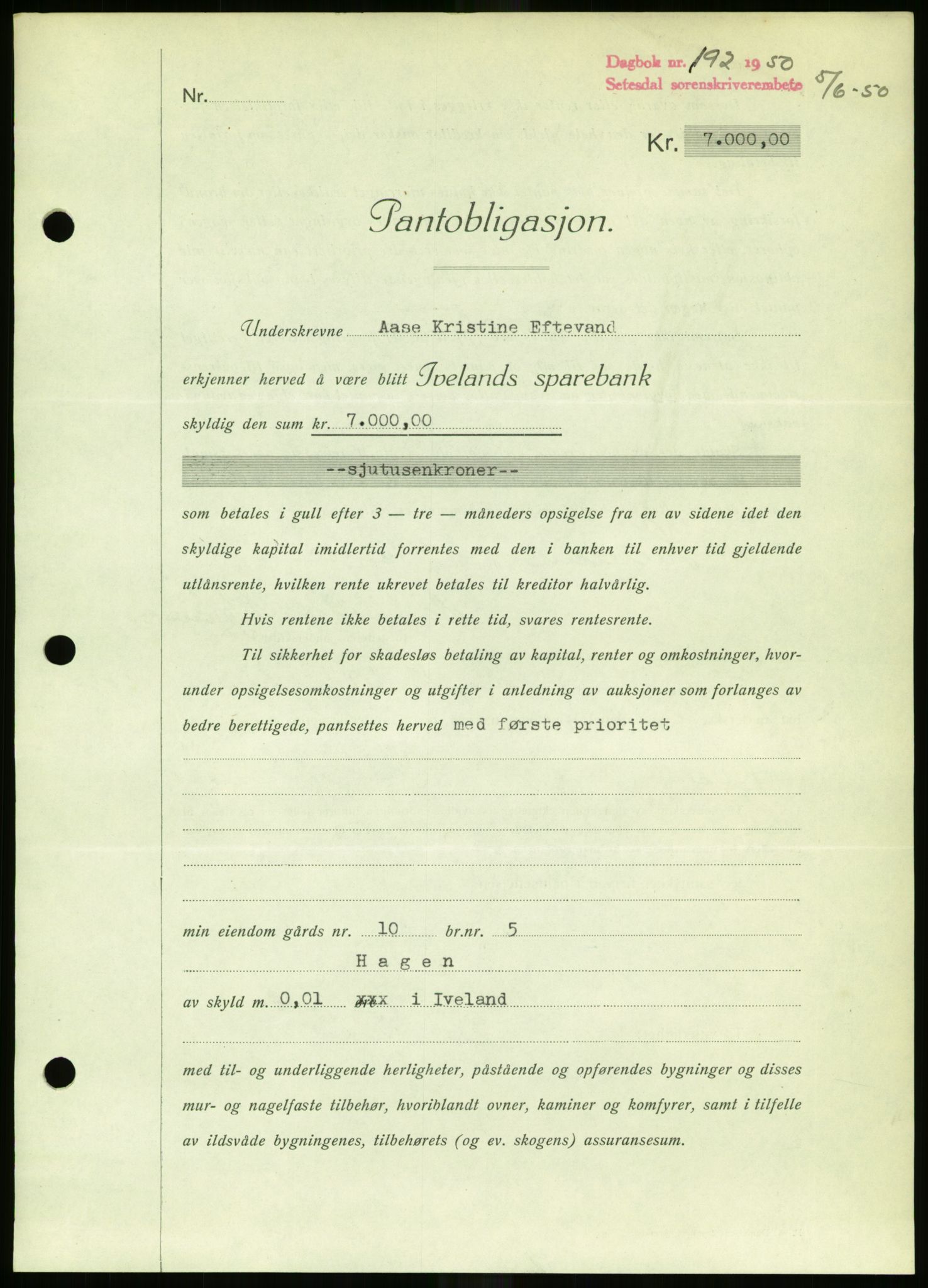 Setesdal sorenskriveri, SAK/1221-0011/G/Gb/L0050: Mortgage book no. B 38, 1949-1952, Diary no: : 192/1950