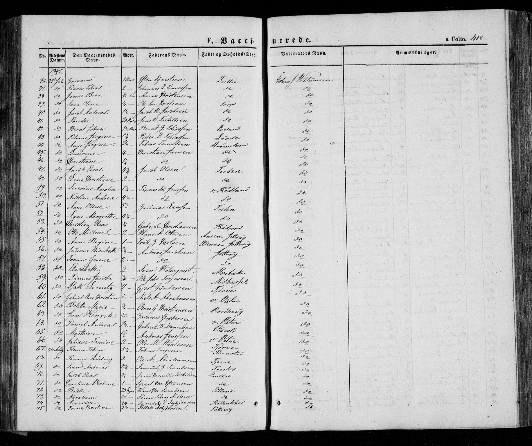 Lista sokneprestkontor, AV/SAK-1111-0027/F/Fa/L0009: Parish register (official) no. A 9, 1835-1846, p. 418