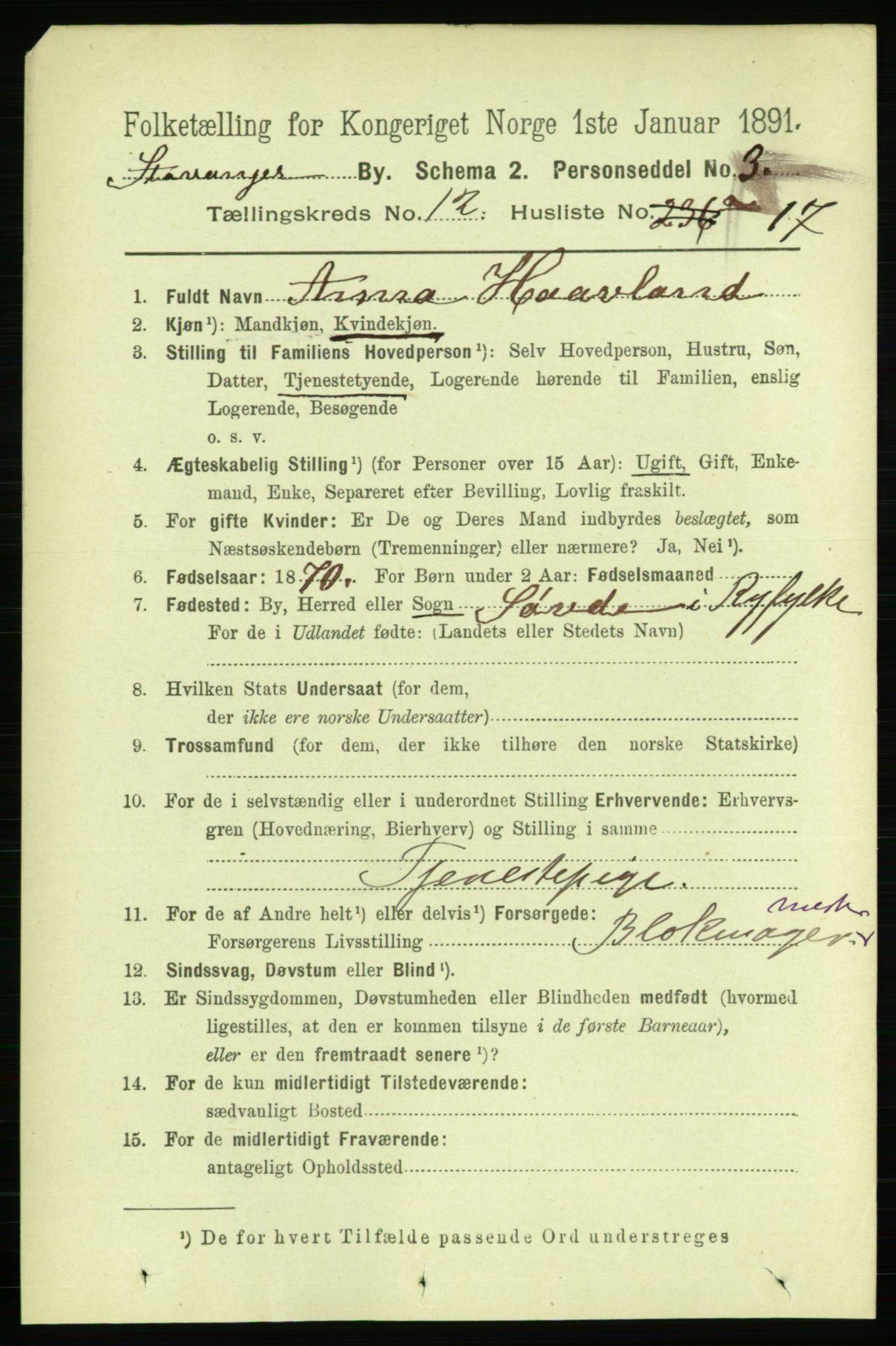 RA, 1891 census for 1103 Stavanger, 1891, p. 15109