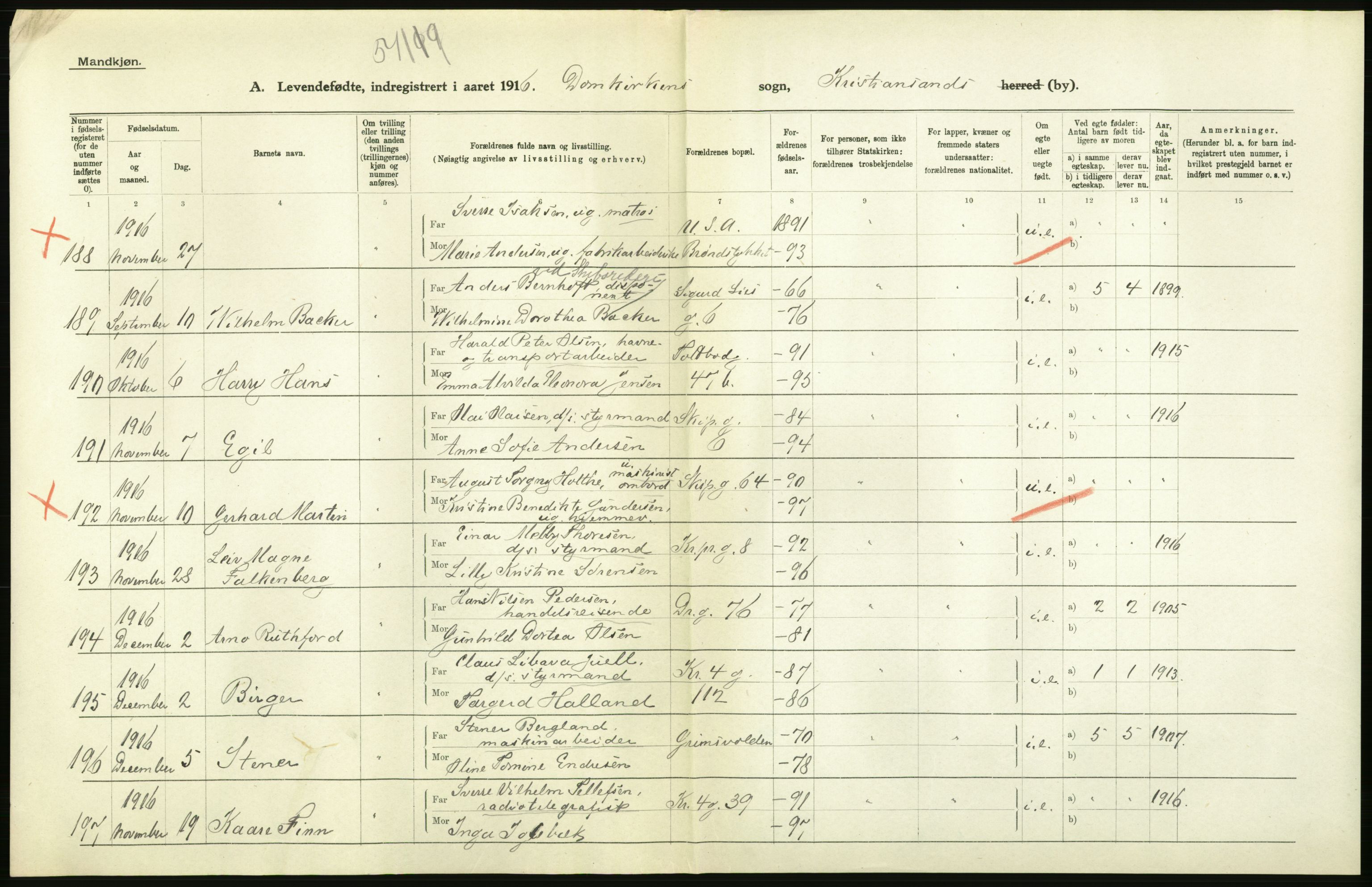 Statistisk sentralbyrå, Sosiodemografiske emner, Befolkning, AV/RA-S-2228/D/Df/Dfb/Dfbf/L0027: Lister og Mandals amt: Levendefødte menn og kvinner. Bygder og byer., 1916, p. 348