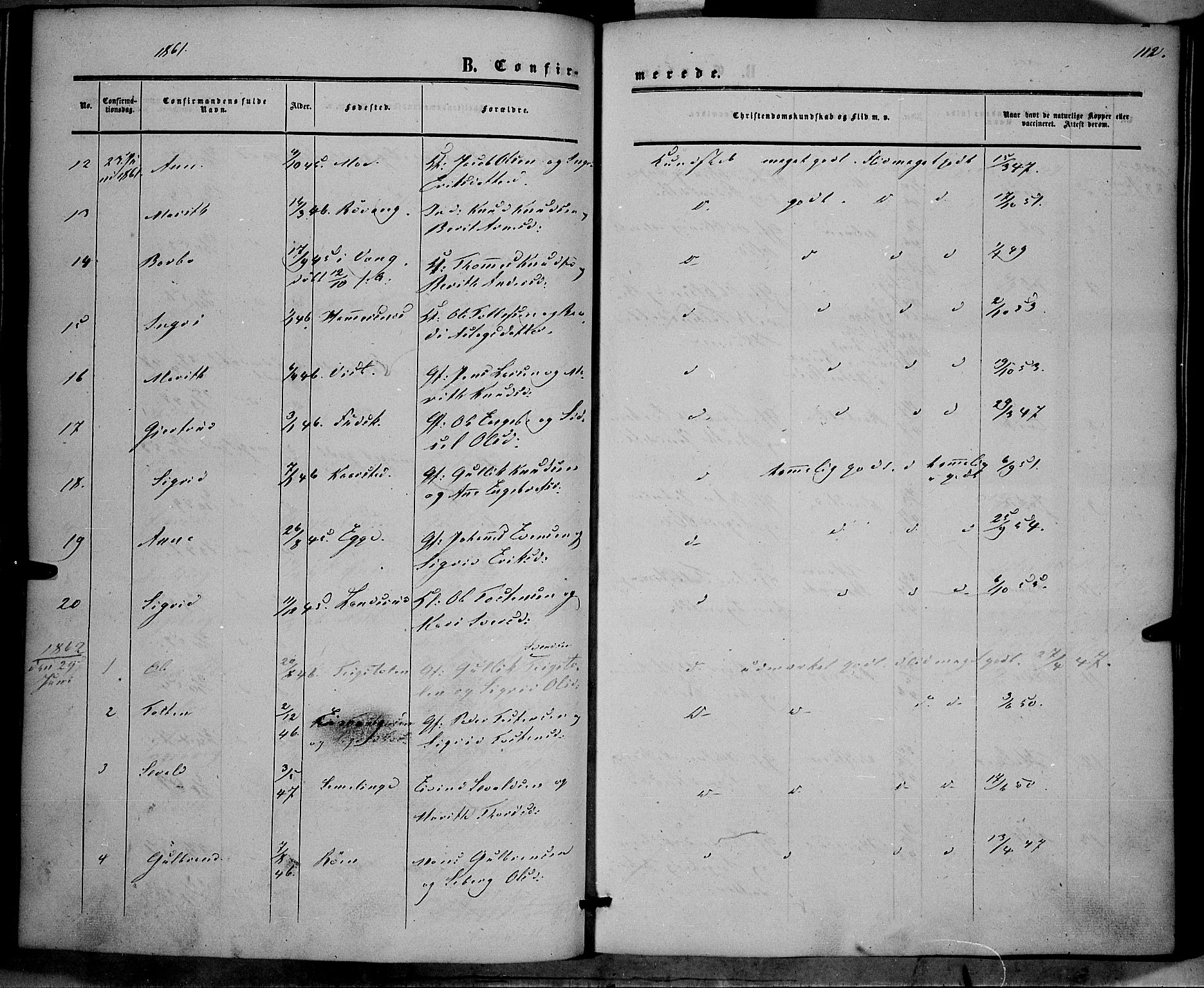 Vestre Slidre prestekontor, SAH/PREST-136/H/Ha/Haa/L0002: Parish register (official) no. 2, 1856-1864, p. 112