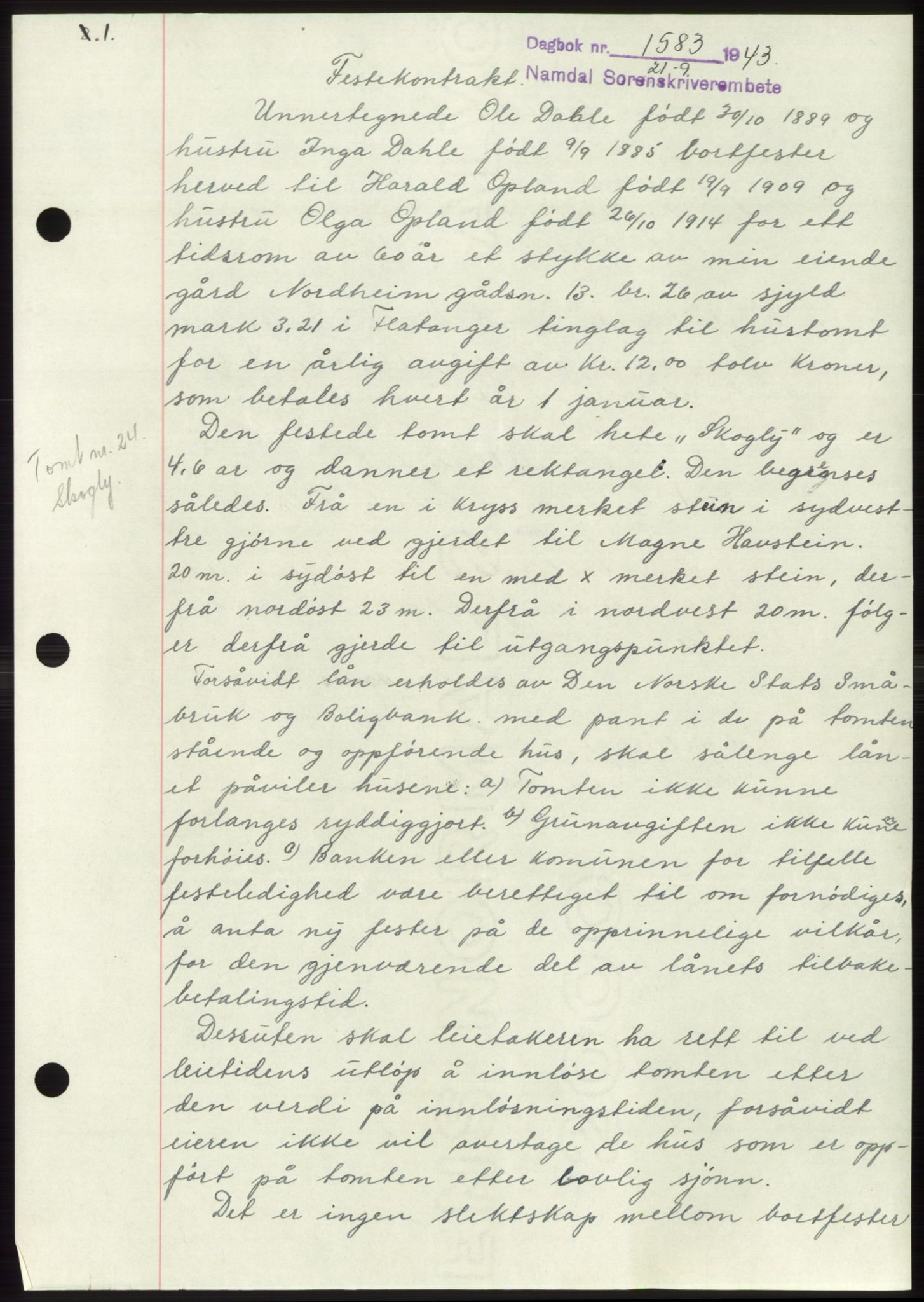 Namdal sorenskriveri, AV/SAT-A-4133/1/2/2C: Mortgage book no. -, 1943-1944, Diary no: : 1583/1943