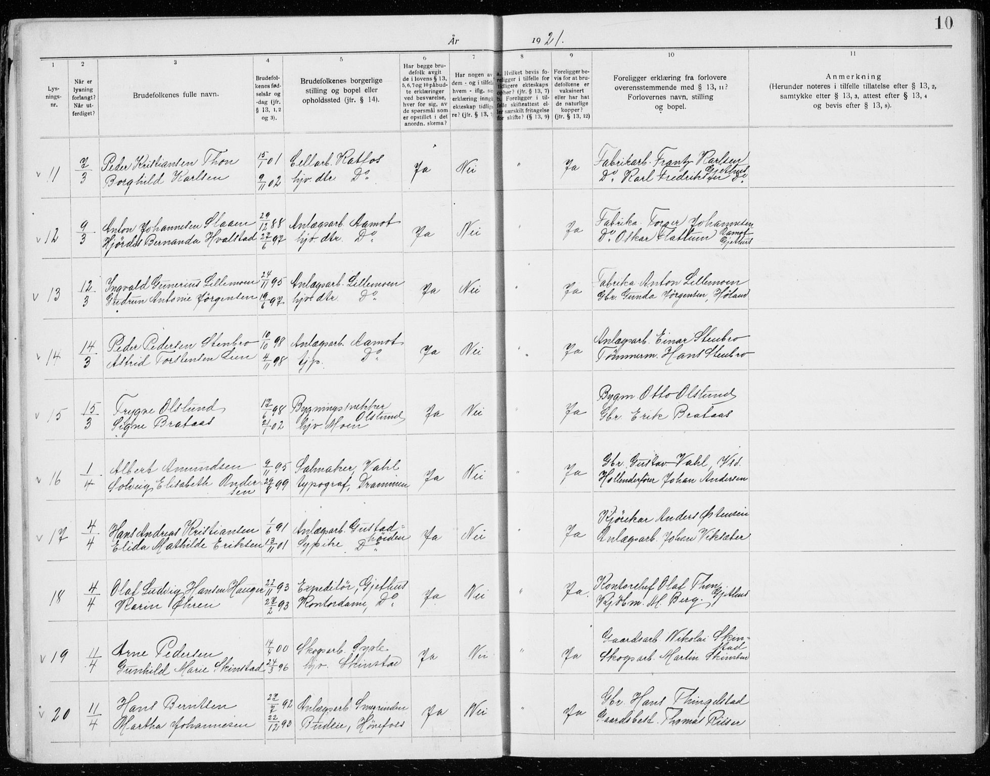 Modum kirkebøker, AV/SAKO-A-234/H/Ha/L0003: Banns register no. I 3, 1920-1934, p. 10