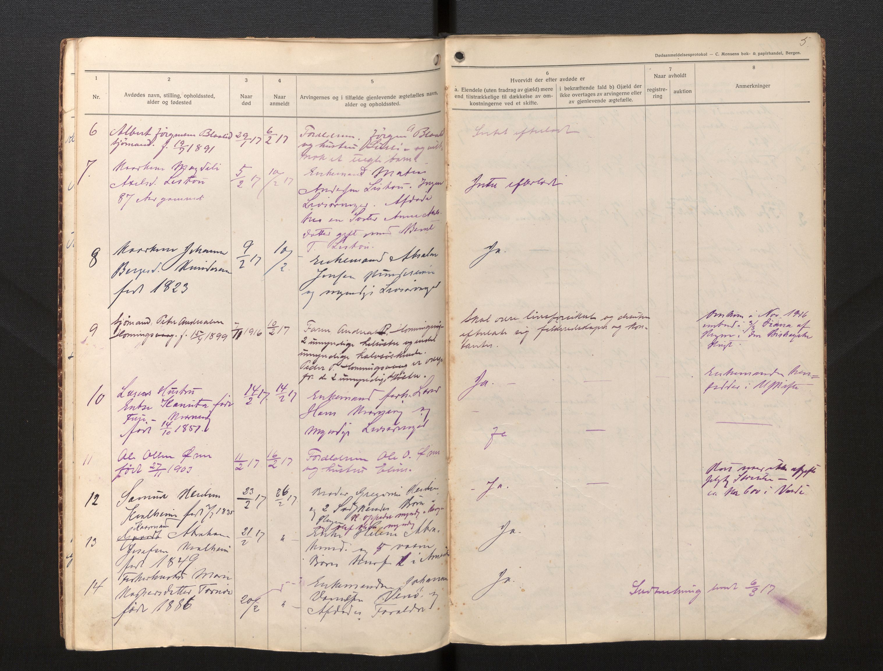 Lensmannen i Selje, AV/SAB-A-29701/0006/L0007: Dødsfallprotokoll, 1916-1920, p. 5