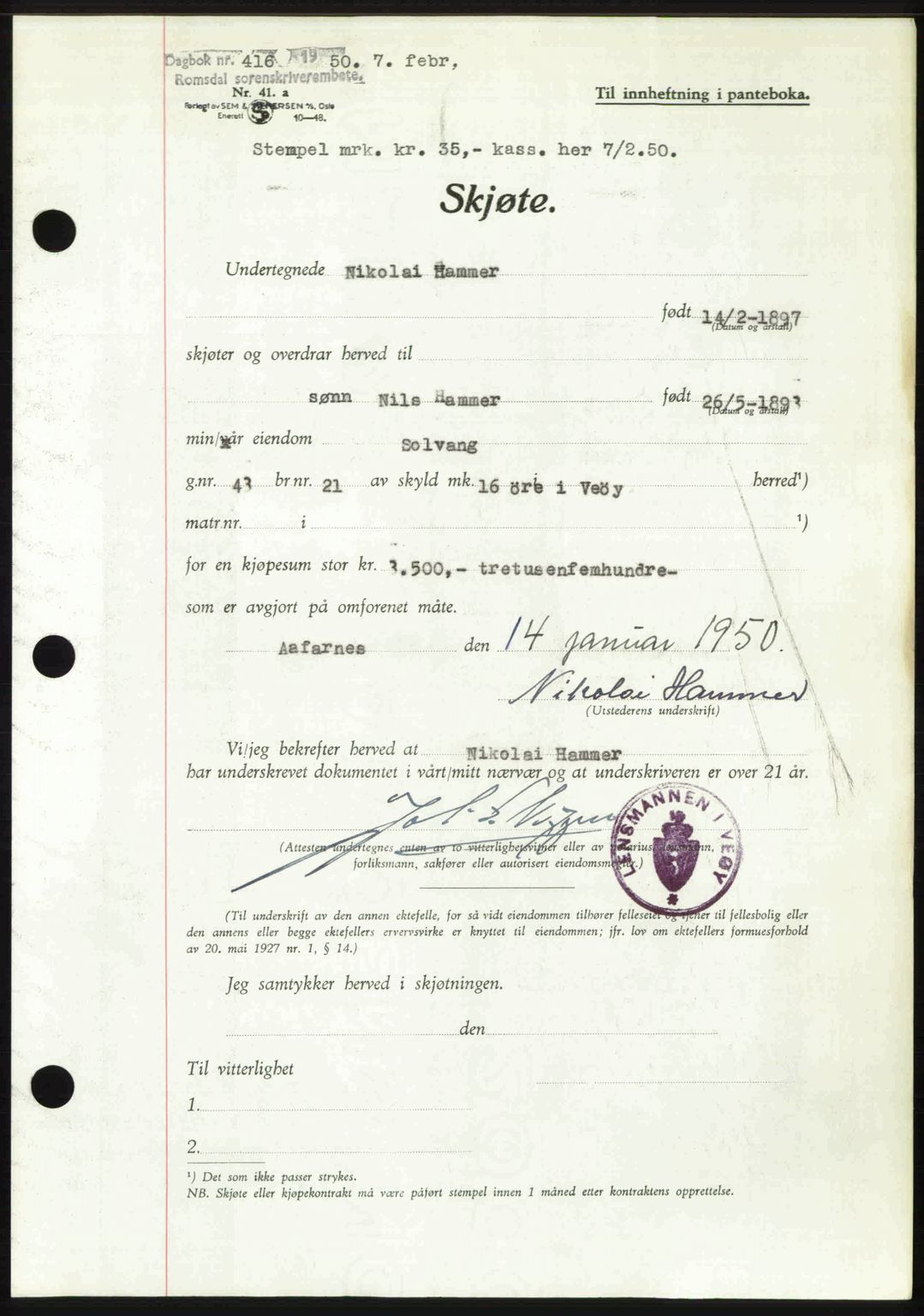 Romsdal sorenskriveri, AV/SAT-A-4149/1/2/2C: Mortgage book no. A32, 1950-1950, Diary no: : 416/1950