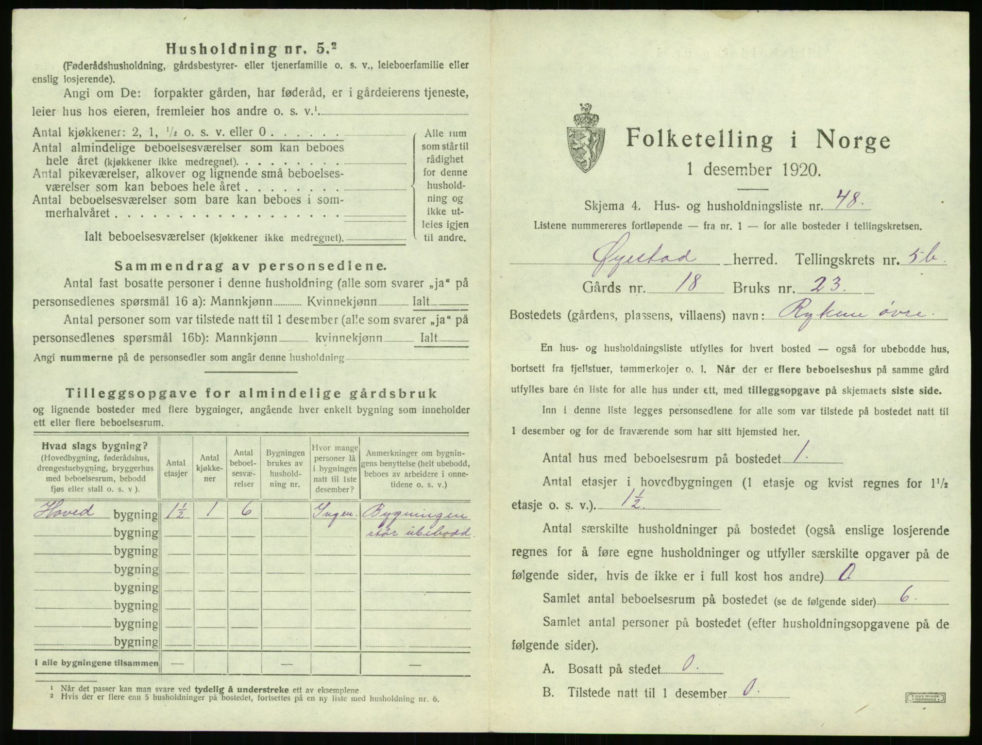 SAK, 1920 census for Øyestad, 1920, p. 496