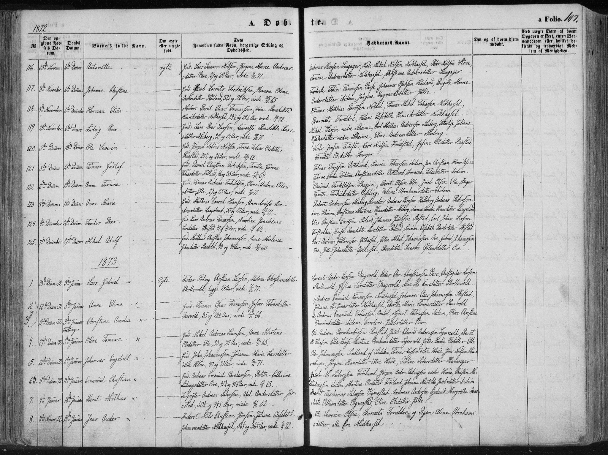 Lista sokneprestkontor, AV/SAK-1111-0027/F/Fa/L0011: Parish register (official) no. A 11, 1861-1878, p. 107